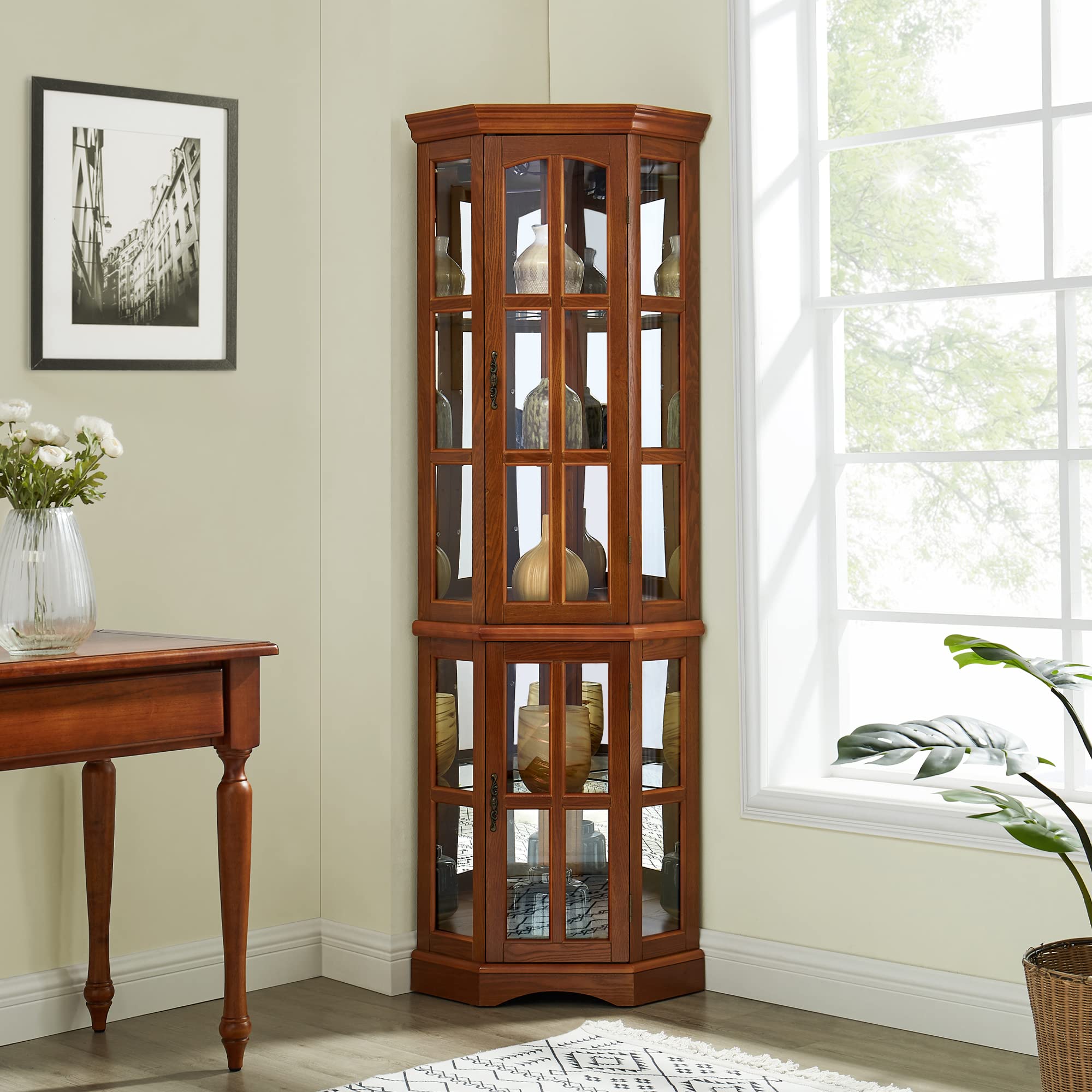 Corner Curio Cabinet with 5 Shelves and Lighting System, Oak(E26 light bulb not included)