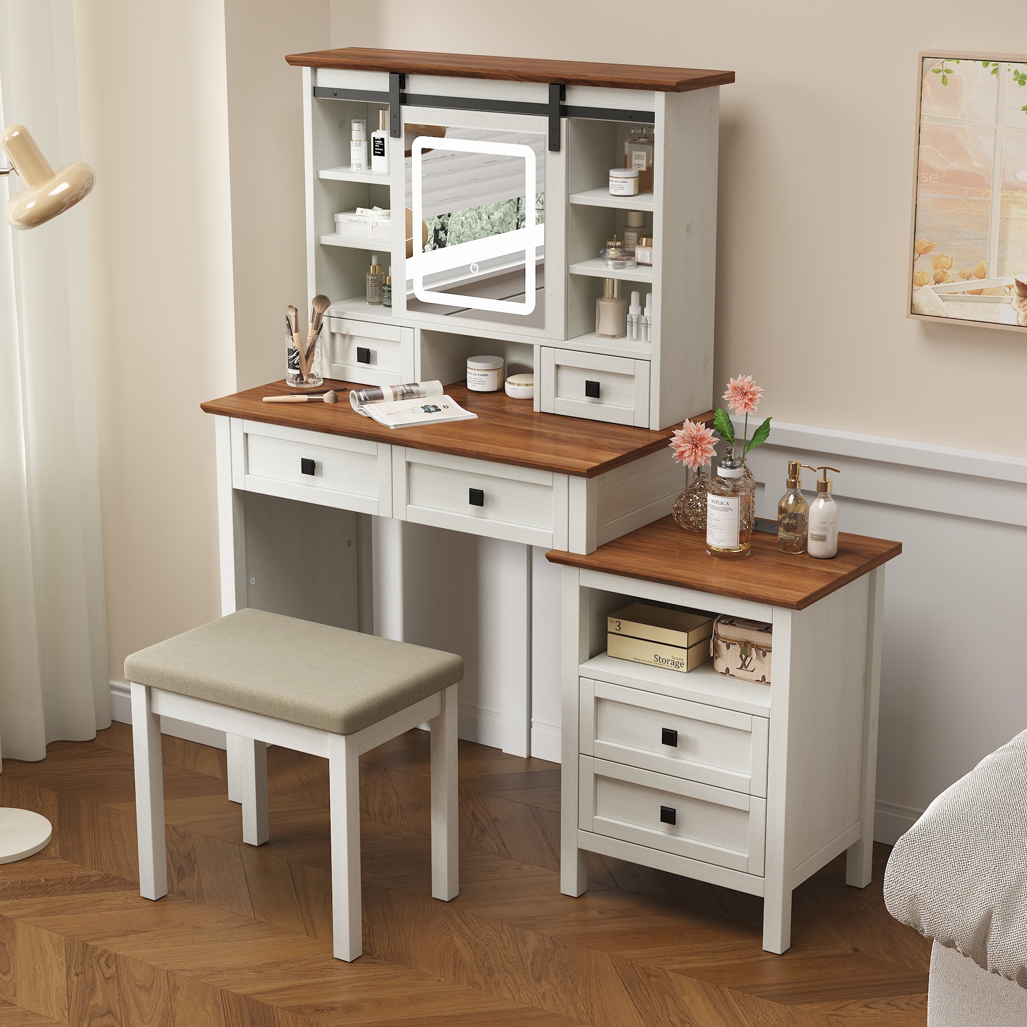 46.5-inch dressing table with adjustable LED lighting mirror and charging station, equipped with soft cushioned stool