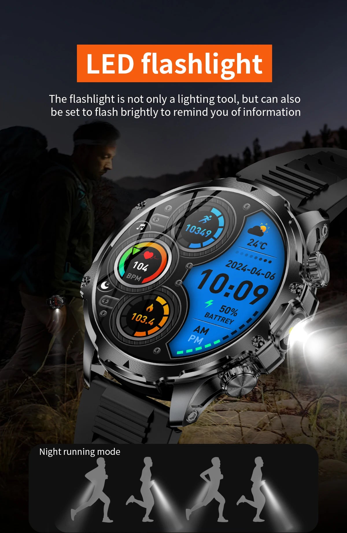 AK75 Smart Watch Flashlight  Men Outdoors Sports Fitness Tracker 700mah Large Battery BT Calling LED Light Smartwatch