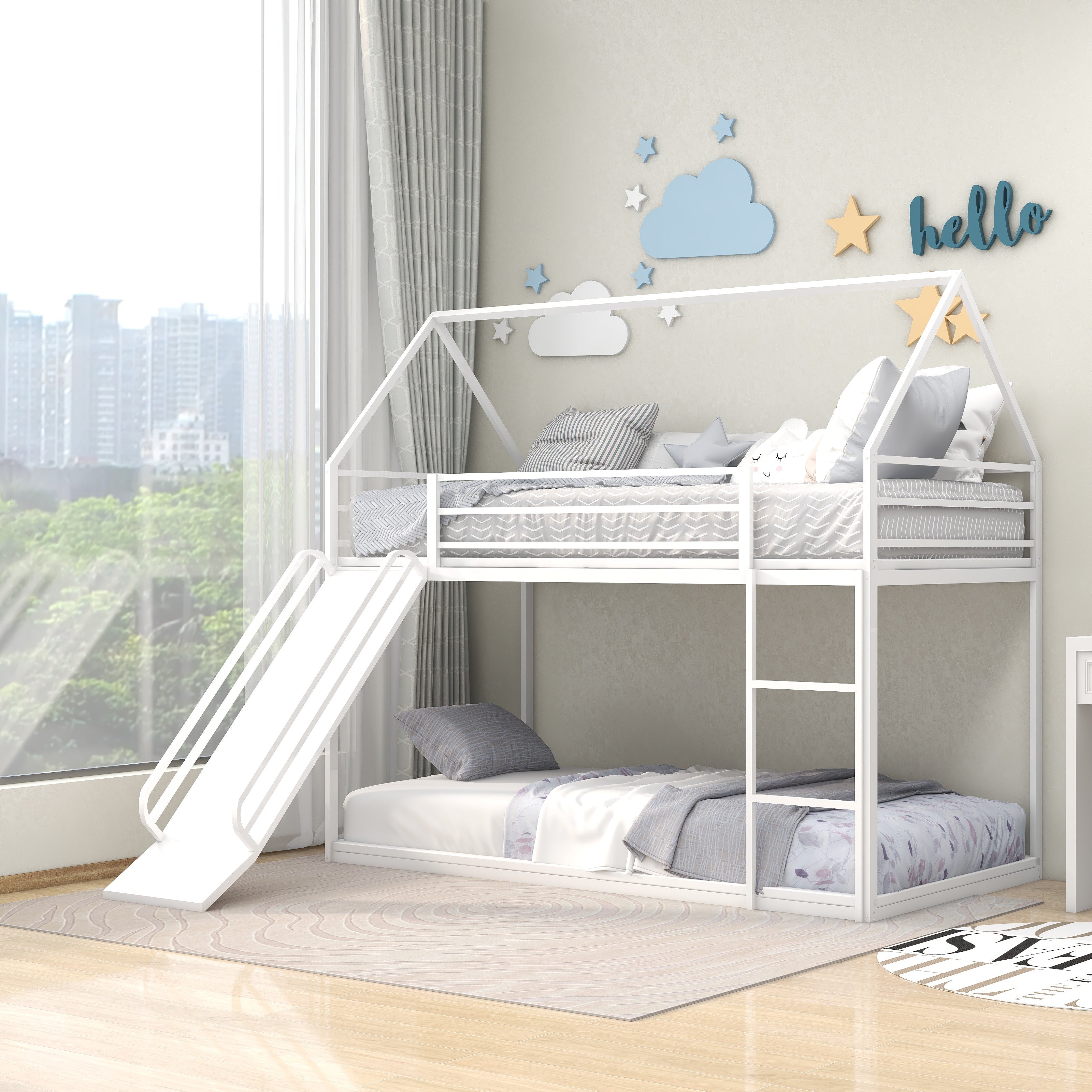 Twin over Twin House Bed with Ladder and Slider