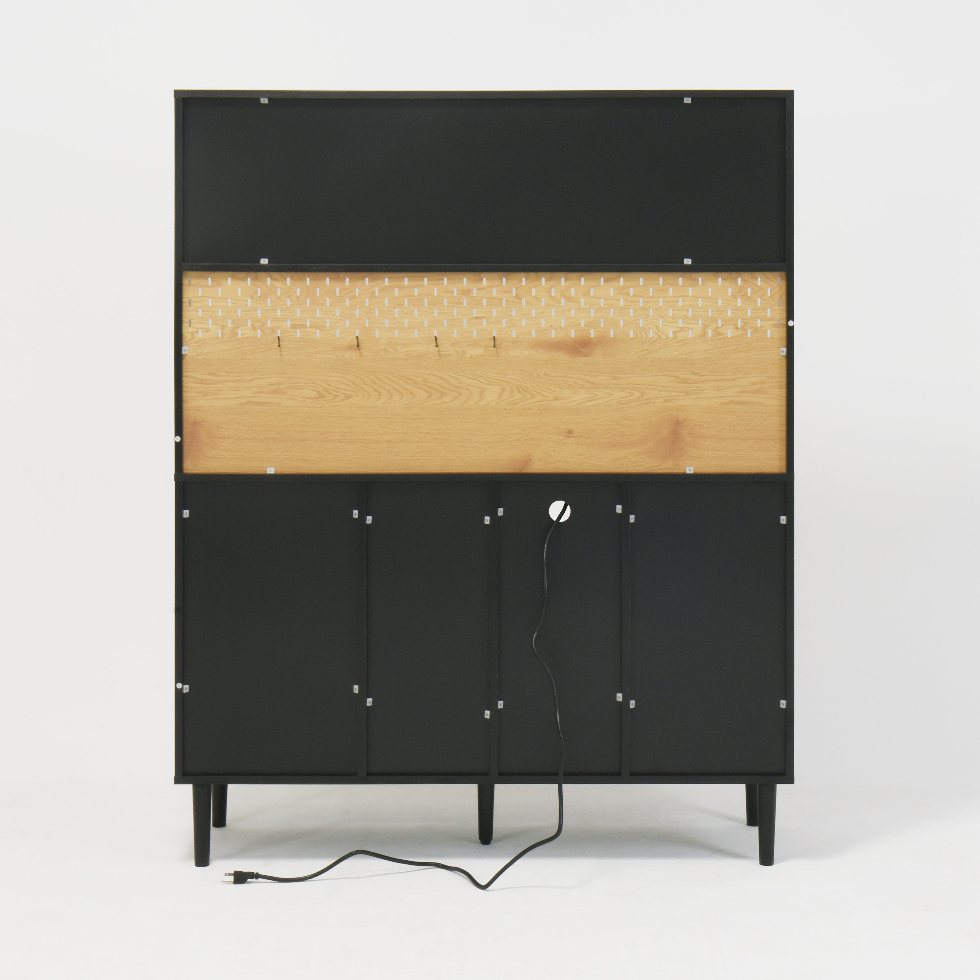 59 "H buffet side cabinet with storage door and power outlet, coffee bar cabinet with wine rack, black and natural colors