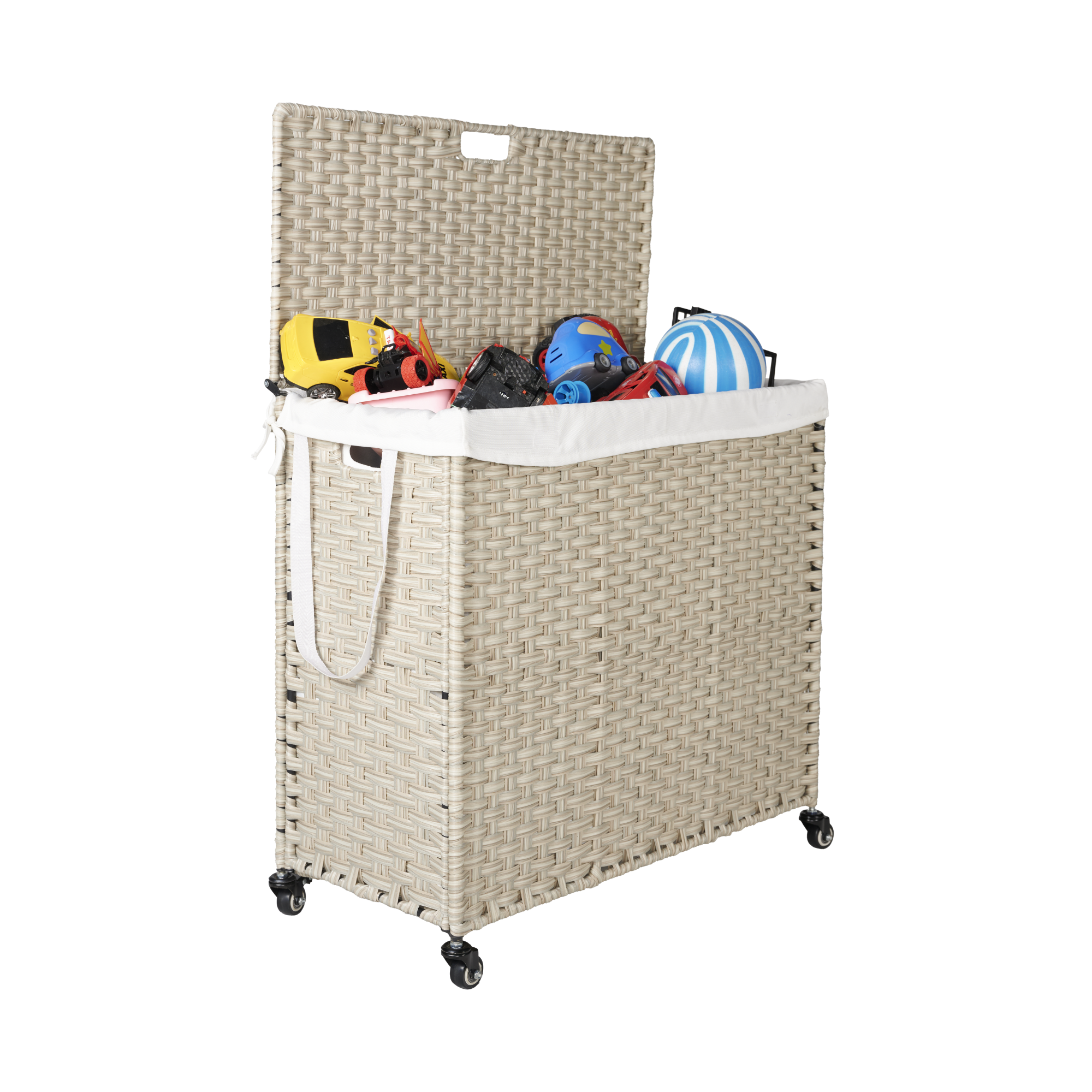 Laundry Hamper With Lid PE Rattan Powder Coating Frame Clothes Hampers with 02 Removable Bags, Wheels, 160L, Grey Color