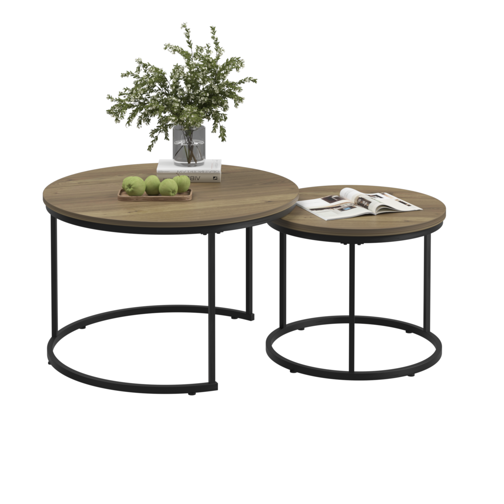 A set of nested coffee tables, 27.6-inch round coffee table, industrial wood veneer, with sturdy metal frame (brown)