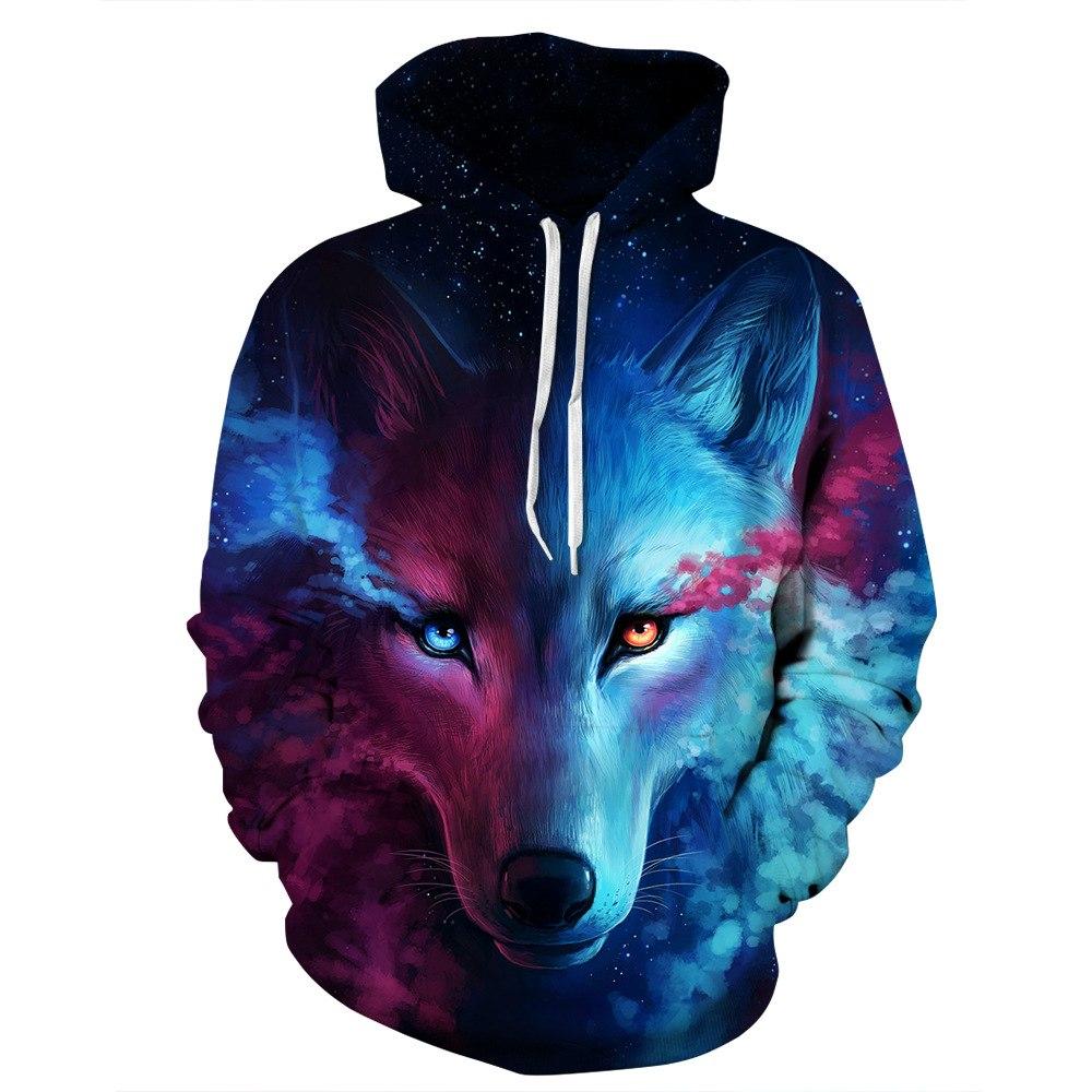 Men Women Wolf Digital Printing Cotton Hooded Sweater