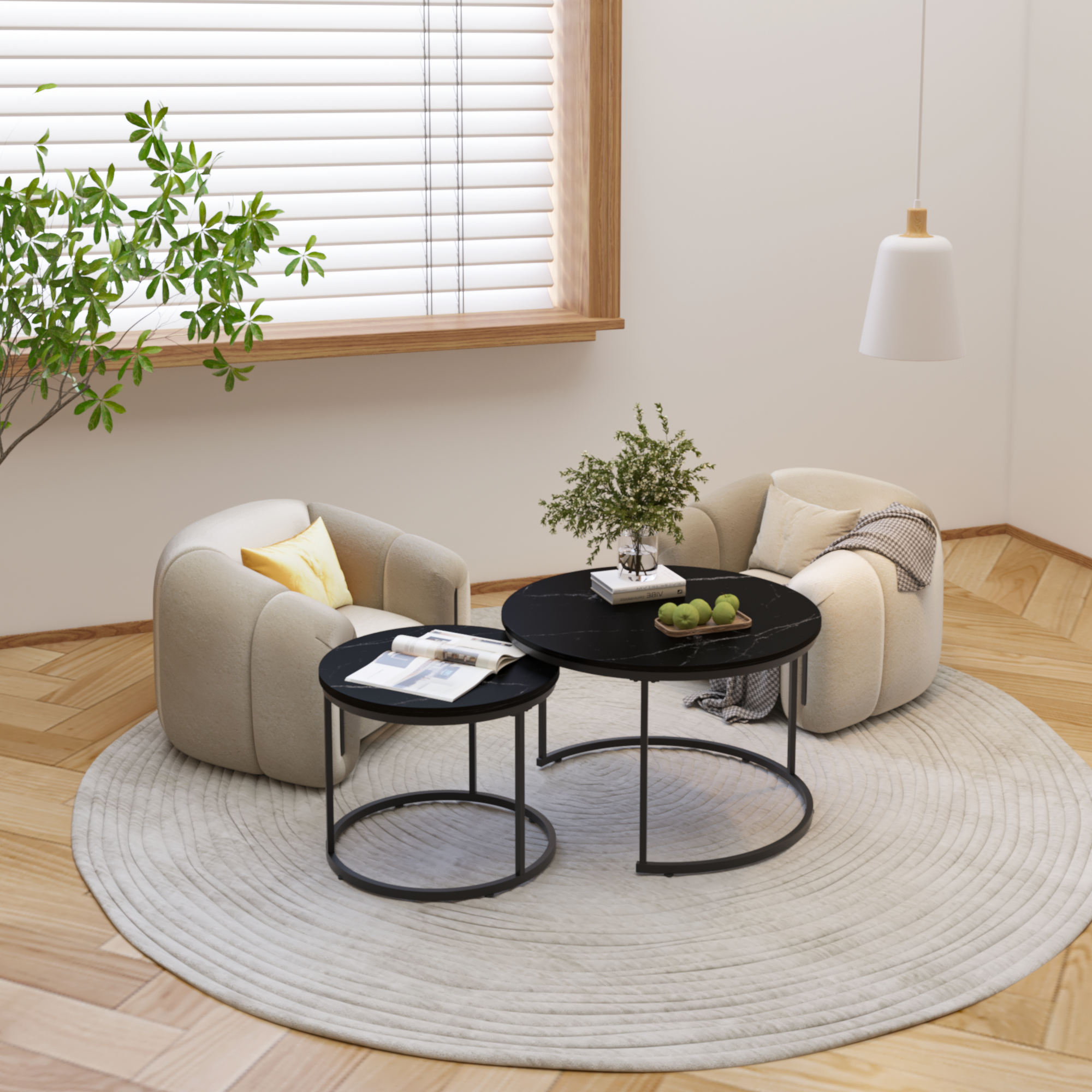 A set of nested coffee tables, 27.6-inch round coffee table, wooden marble patterned tabletop, sturdy metal frame (black)