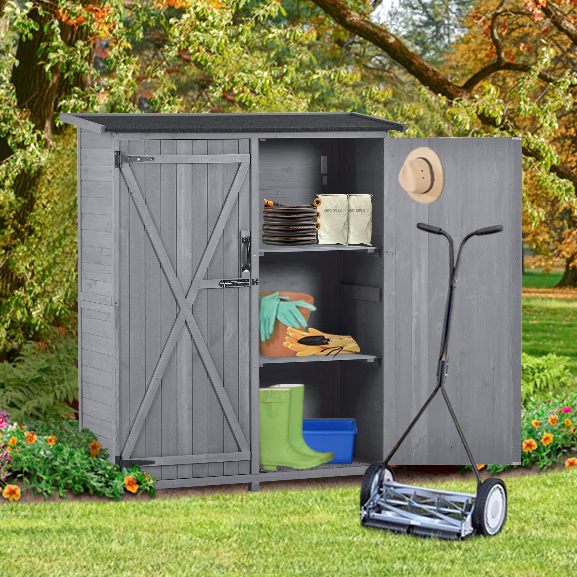 Outdoor 5.3ft Hx4.6ft L Wood Storage Shed Tool Organizer,Garden Shed, Storage Cabinet with Waterproof Asphalt Roof Gray