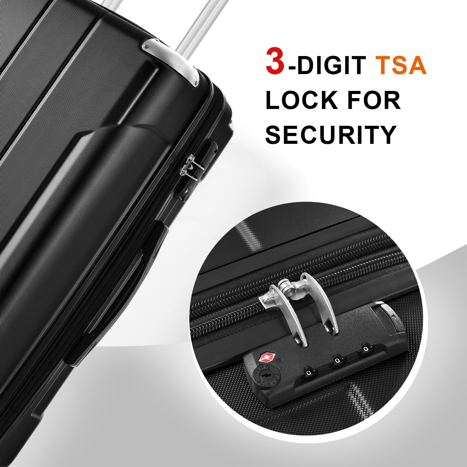 Hardshell Luggage Sets 3 Pcs Spinner Suitcase with TSA Lock Lightweight 20''24''28'' Black + ABS