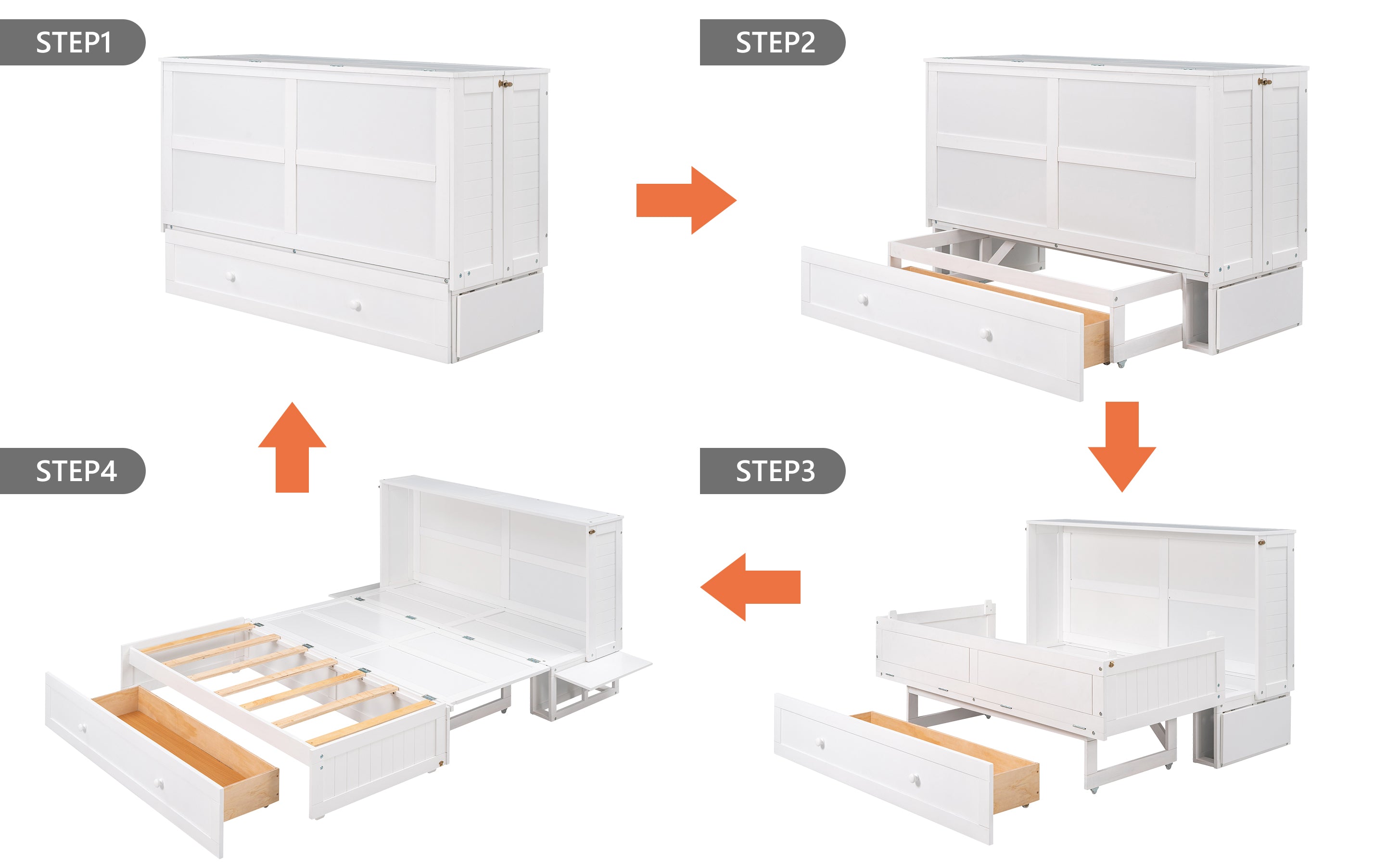 Queen Size Mobile Murphy Bed with Drawer and Little Shelves on Each Side White