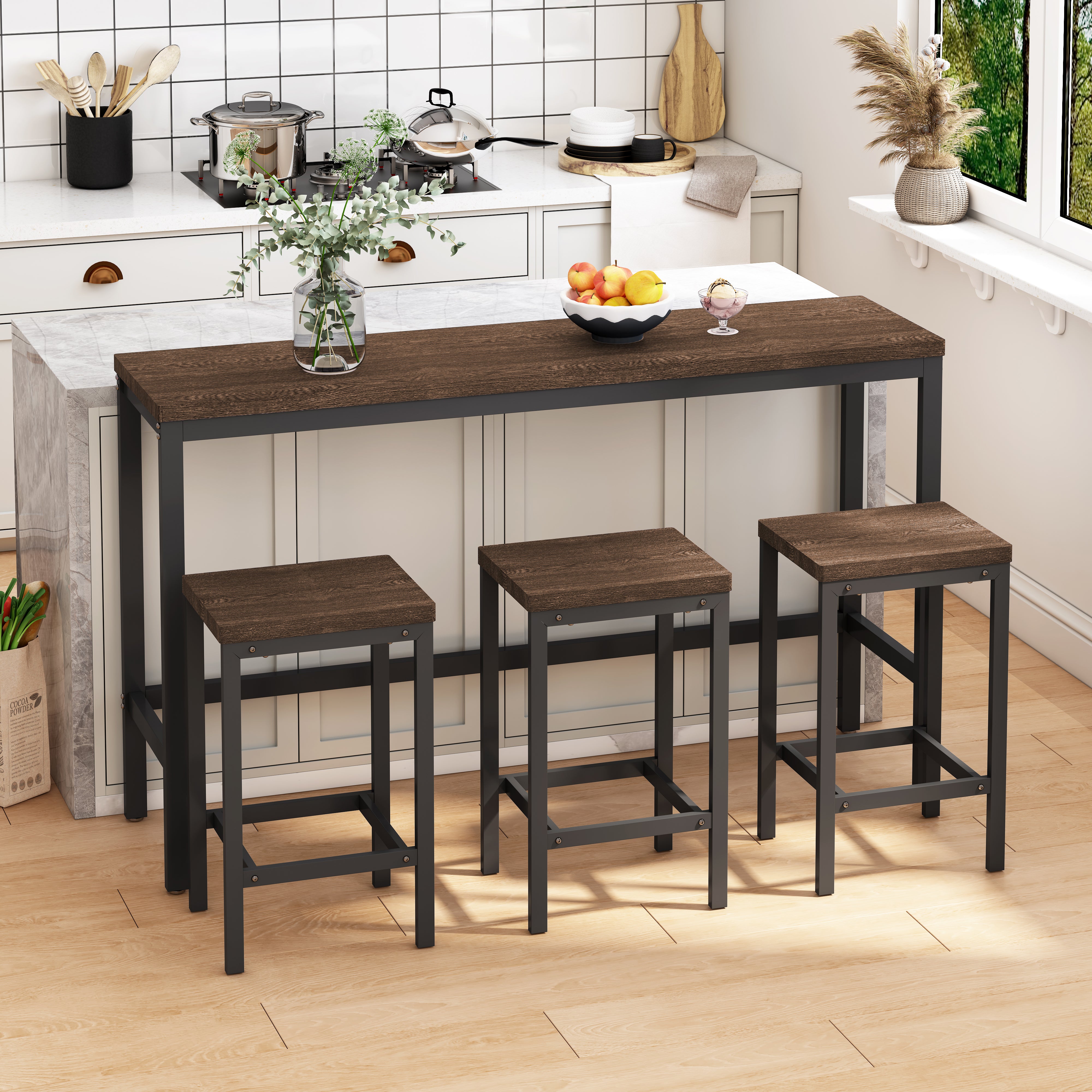 Modern Design Kitchen Dining Table Pub Table Long Dining Table Set with 3 Stools Easy Assembly Dark Brown