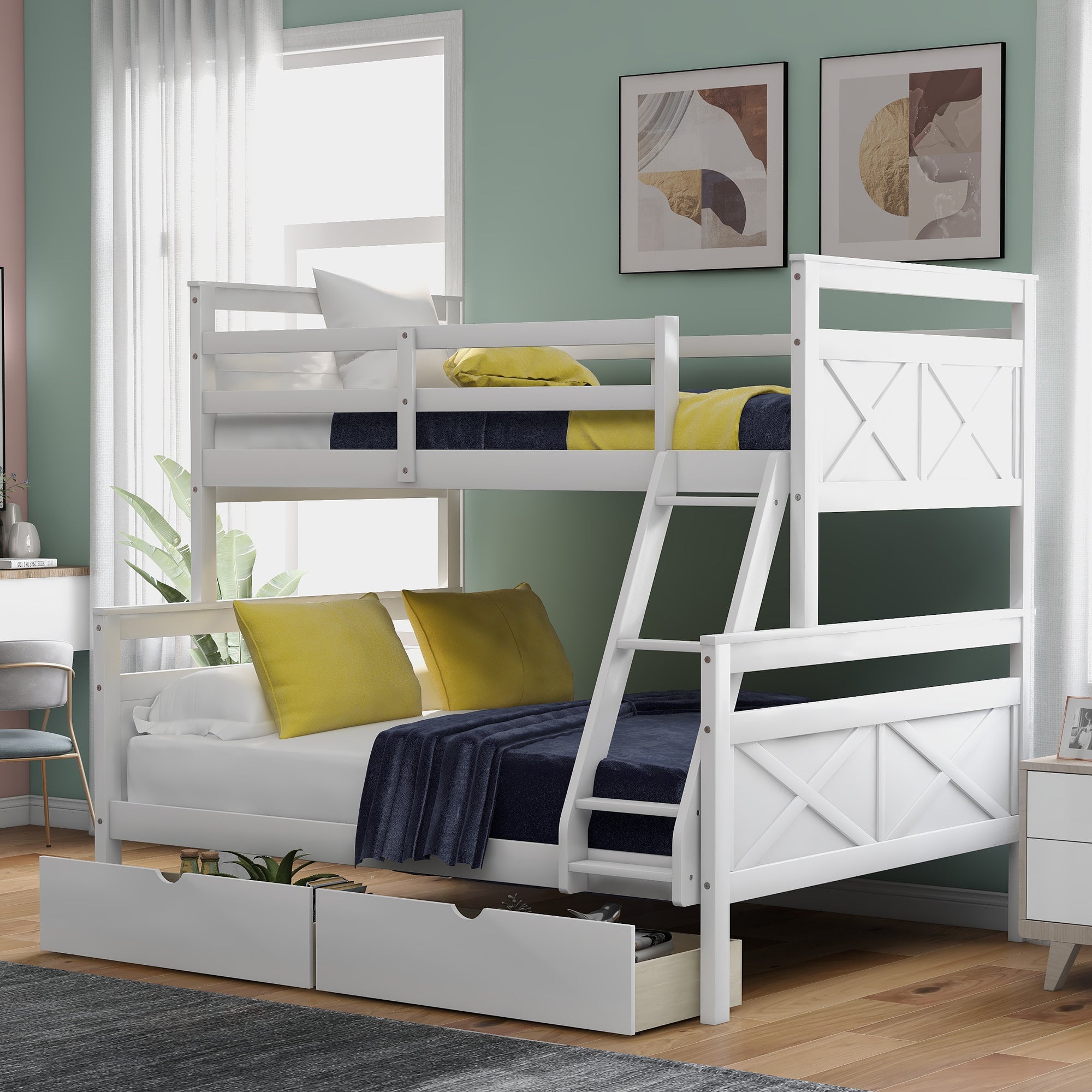 Twin over Full Bunk Bed with Ladder, Two Storage Drawers, Safety Guardrail  White