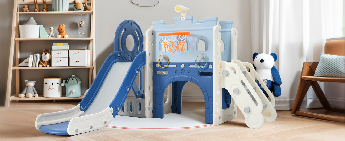 9-1 Toddler Slide Set,Kids Slide for Toddlers Ages 1+, Basketball Hoop, Tunnel and Storage Space, Pirate Ship Themed Slide