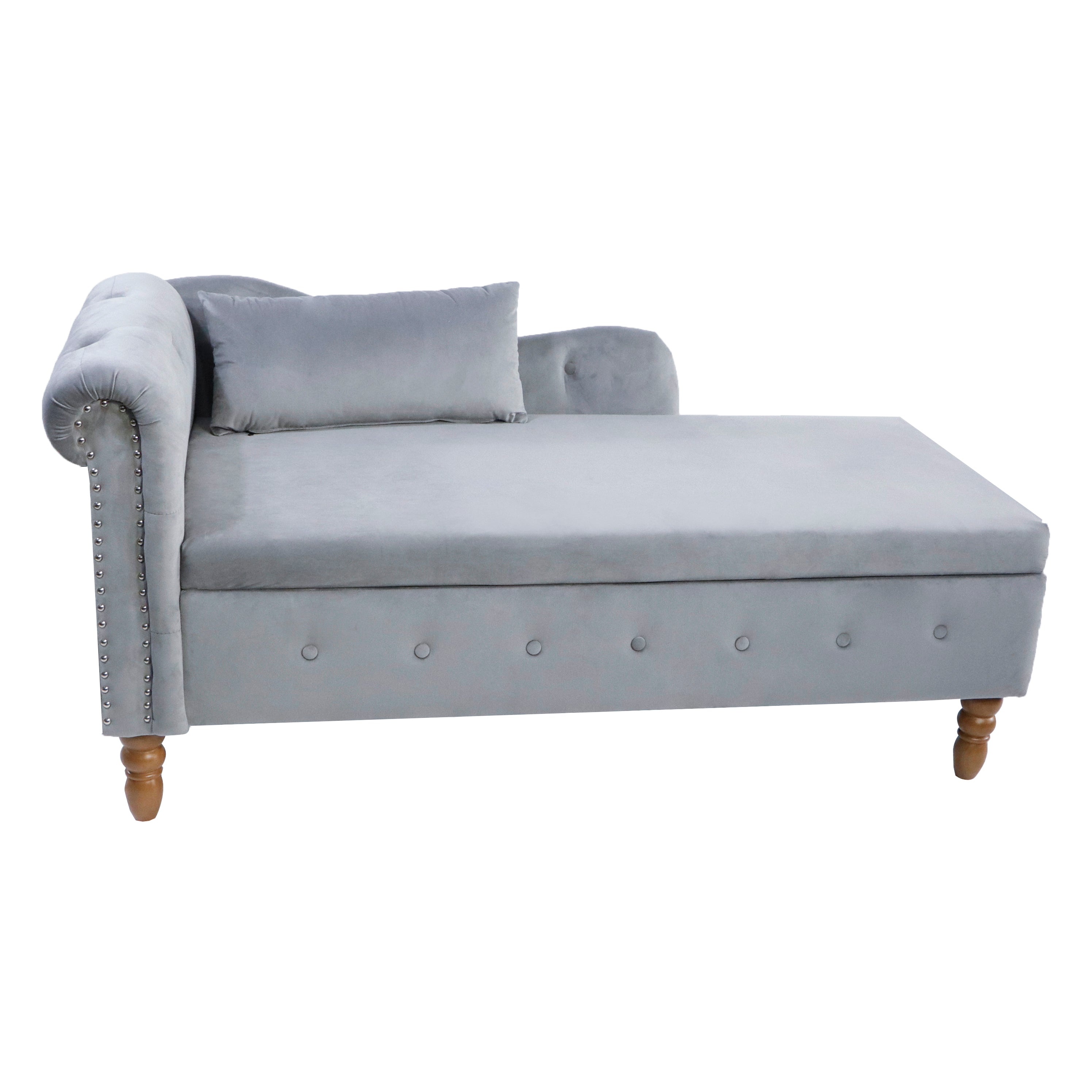 Grey Chaise Lounge Indoor Velvet Lounge Chair for Bedroom with Storage & Pillow Modern Upholstered Rolled Arm Chase Lounge