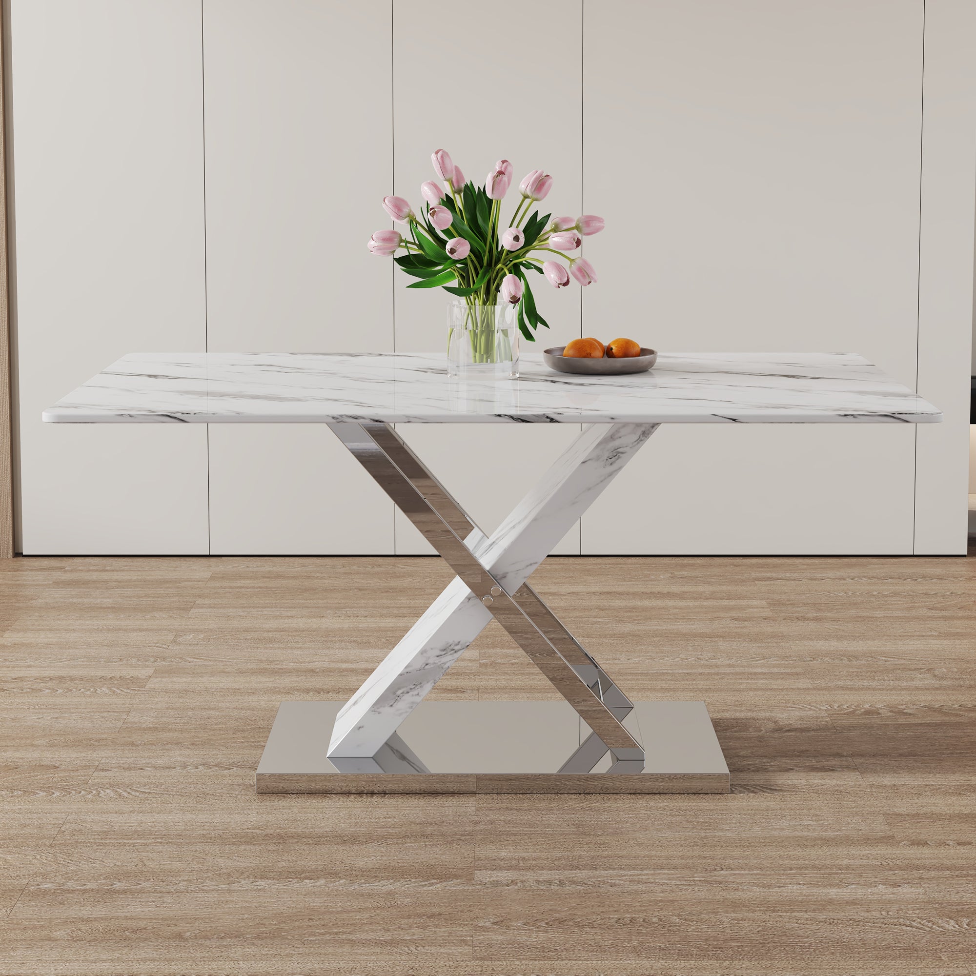 Modern white rectangular marble textured glass dining table and office desk Equipped with stainless steel base