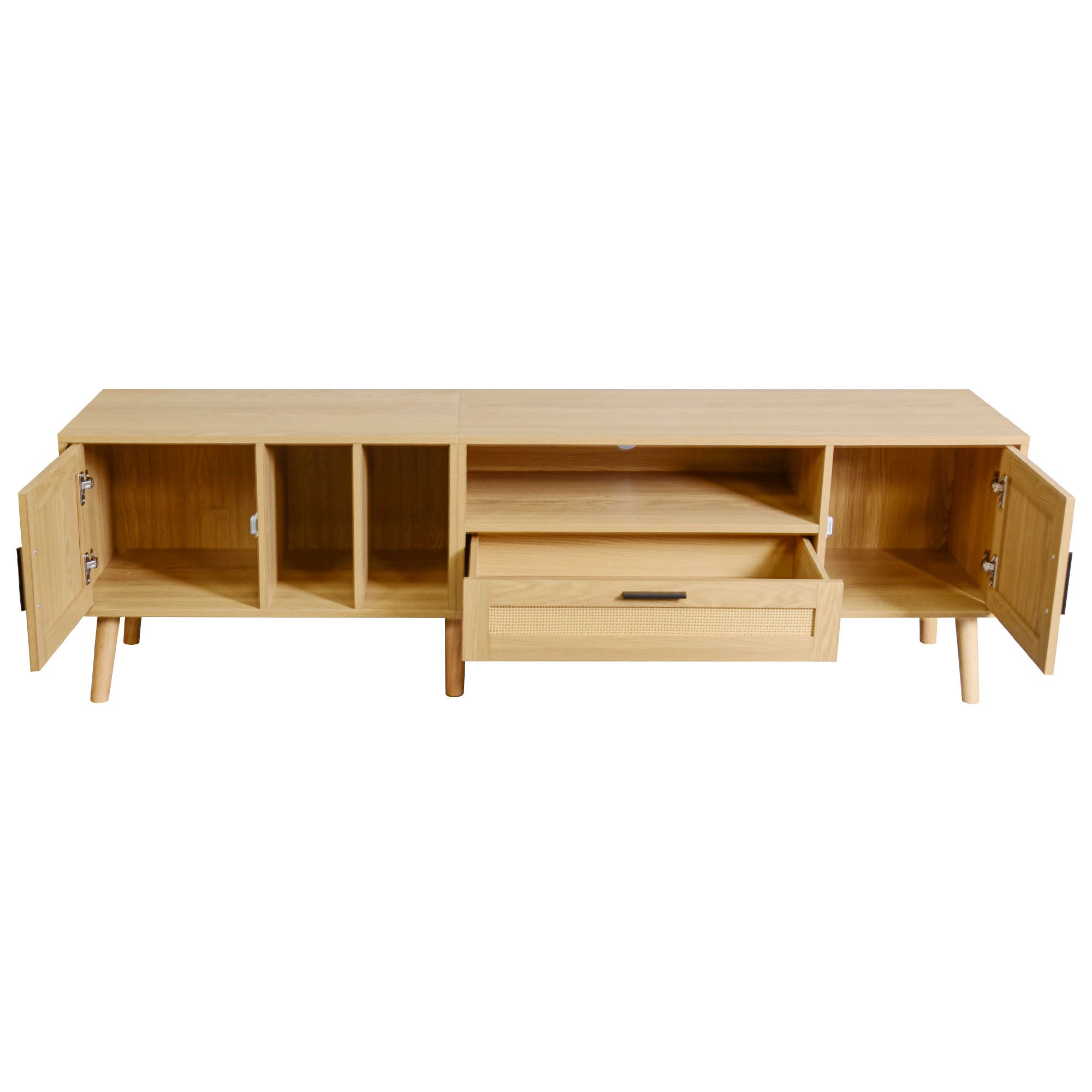 Vine TV stand with 2 cabinets and 2 open shelves, suitable for TVs under 80 inches, with solid wood legs for TV cabinets