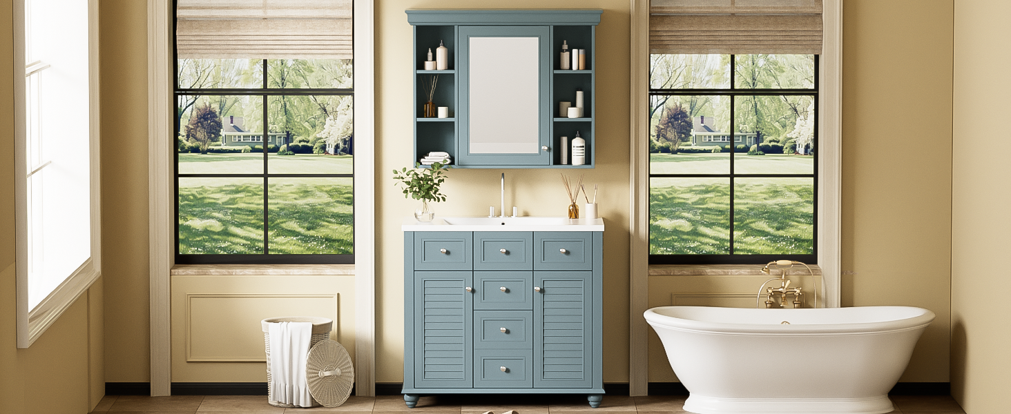 36 inch modern mirror cabinet with adjustable shelves, 2 soft closing doors, and 6 drawer storage cabinet door organizers