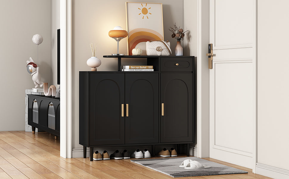 ON-TRANS Elegant Shoe Cabinet with Arched Doors and Drawers, Storage Side Panels, Adjustable Shelves and Solid Wood Legs, Black