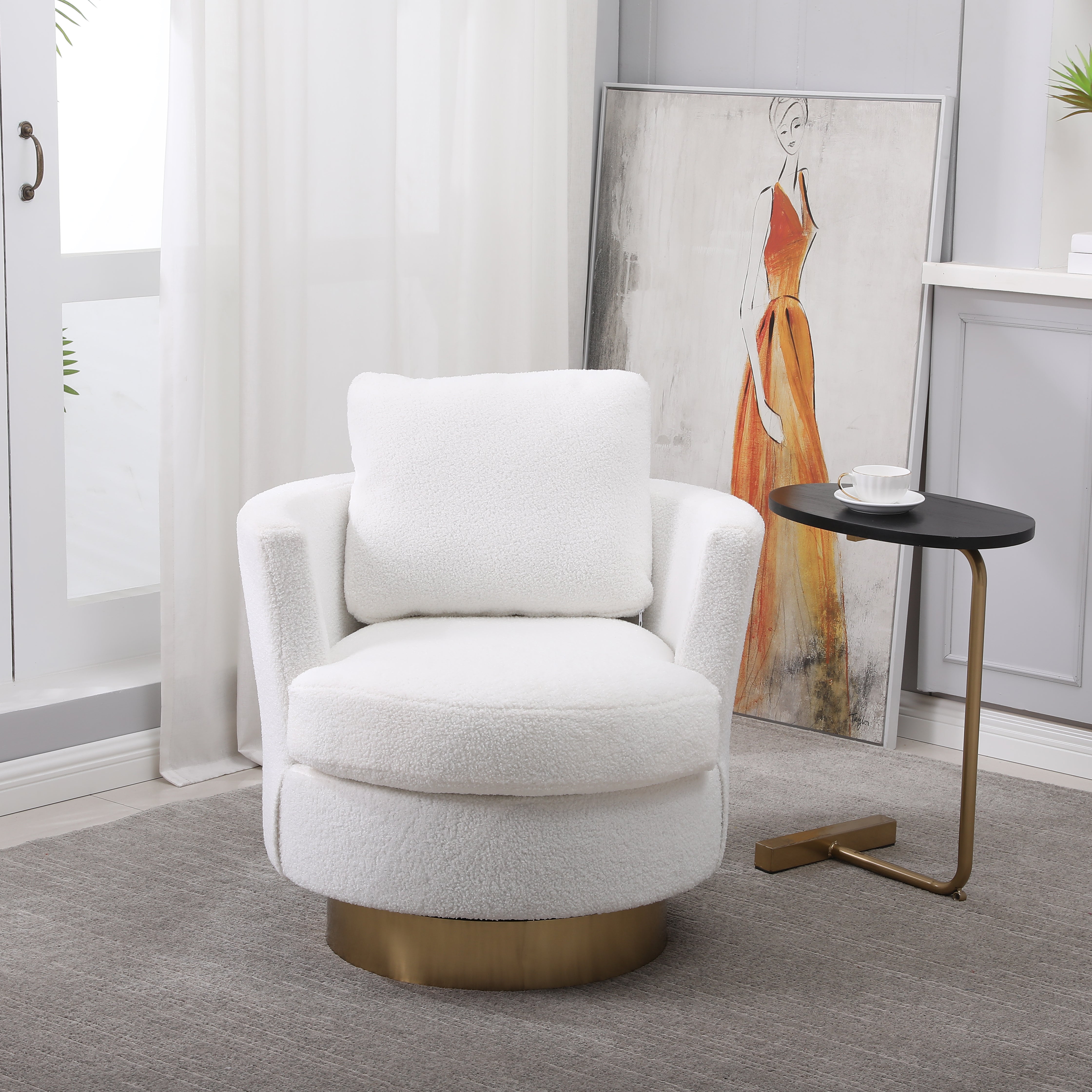 Teddy Rotating Bucket Chair Rotating Emphasis Chair Living Room Armchair Gold Stainless Steel Base Round Bucket Chair (White)