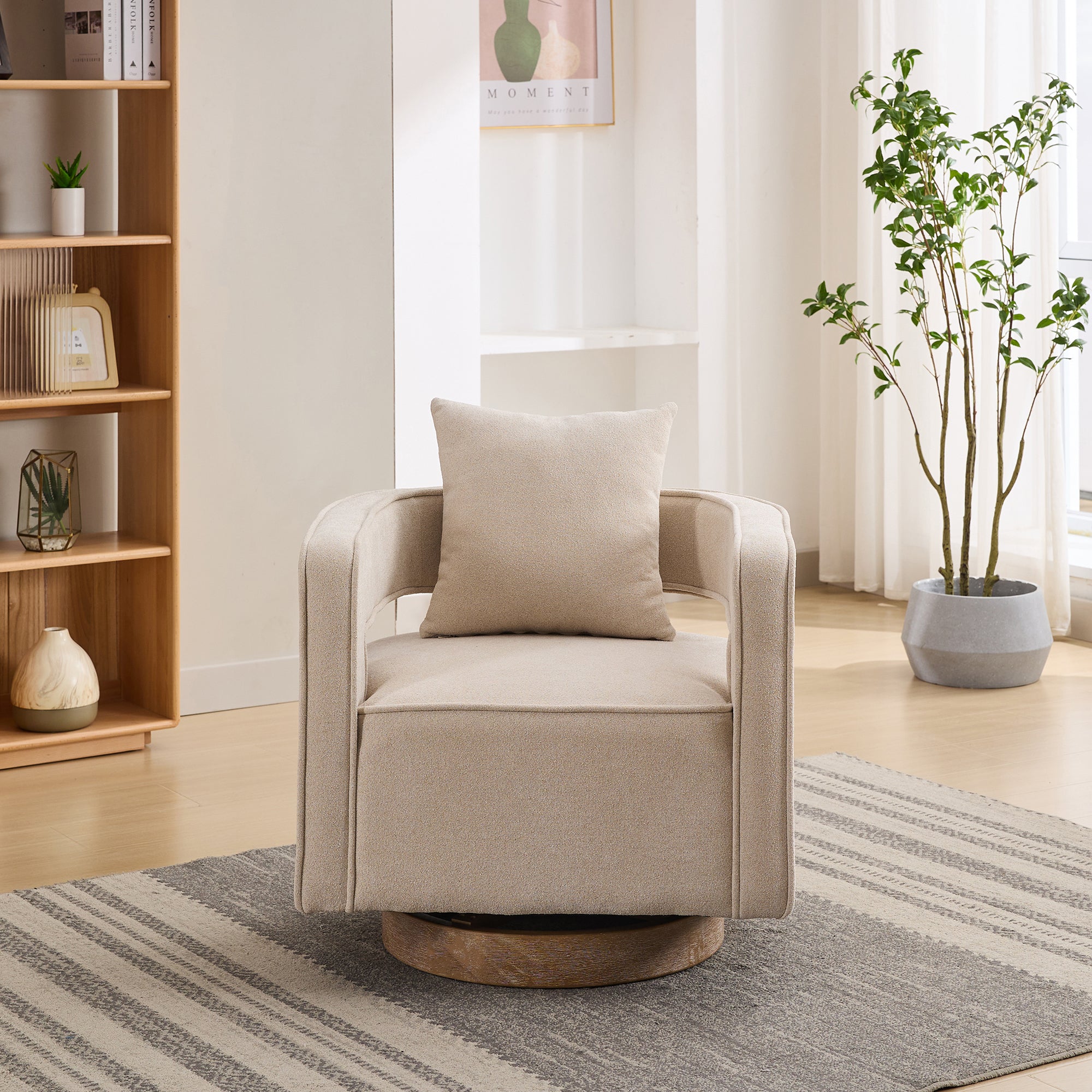 29.1"W Swivel Accent Open Back Chair Modern Comfy Sofa Chair With Weathered Base  (Beige,Linen Blend)