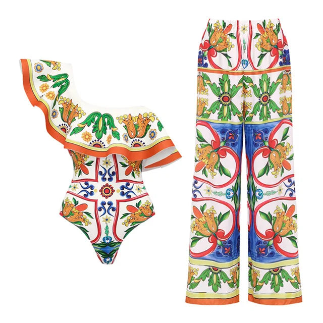 New Women's Lotus Edge Enamel Print Beach Vacation One Piece Swimwear Set