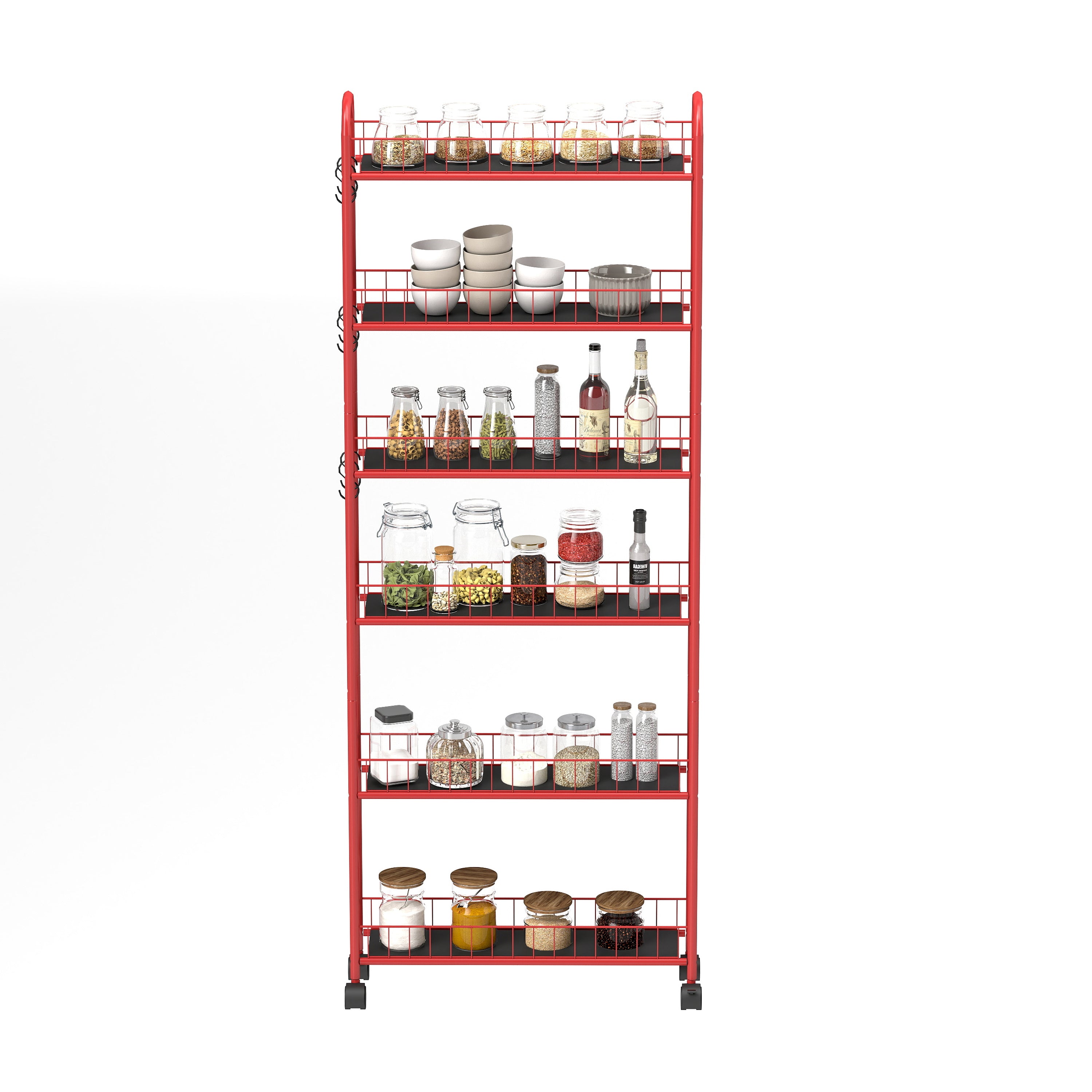 Red 6-story rolling cart gap kitchen ultra-thin sliding out storage tower shelf with wheels, 6 baskets