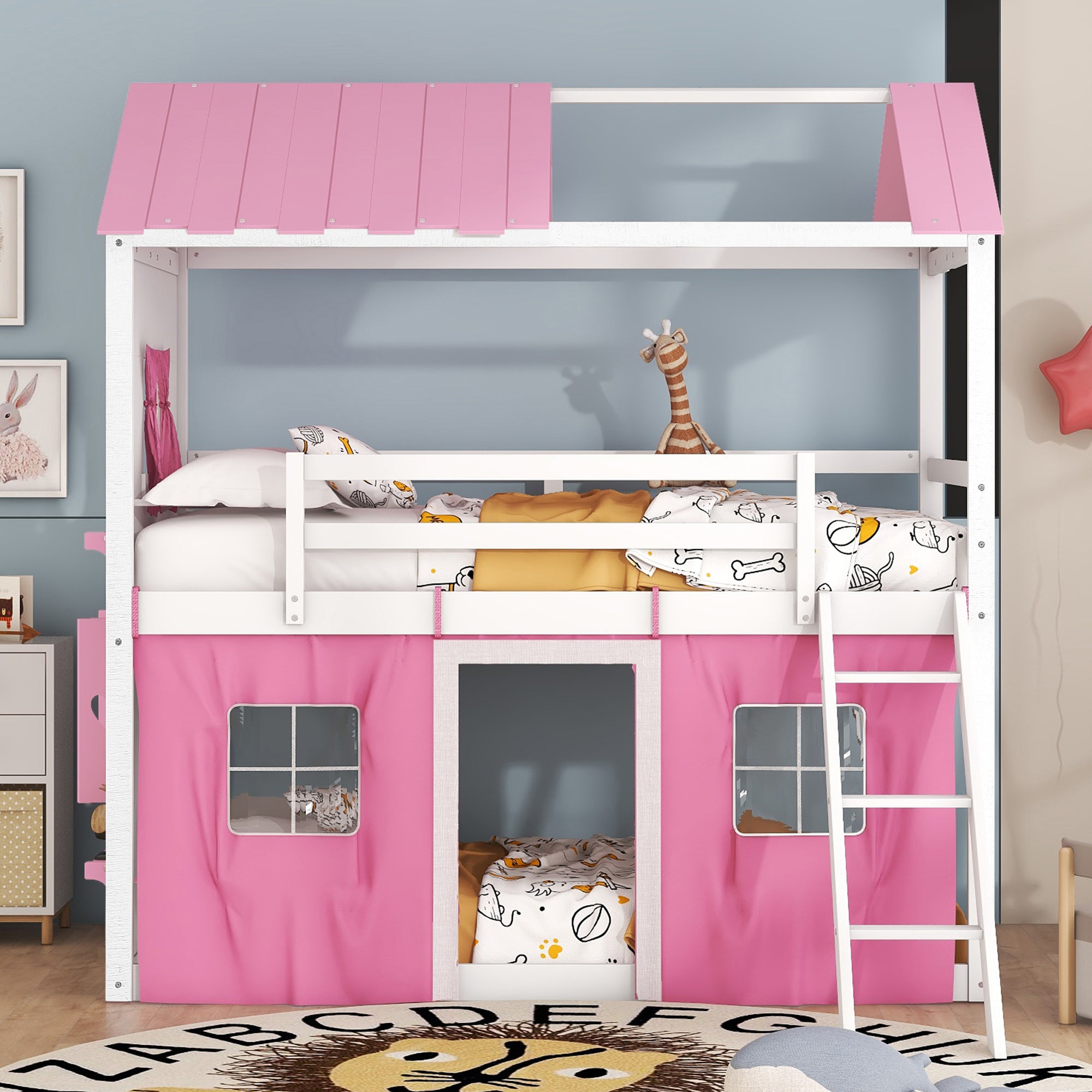 Twin Size Bunk Wood House Bed with Elegant Windows, Sills and Tent, Pink+White