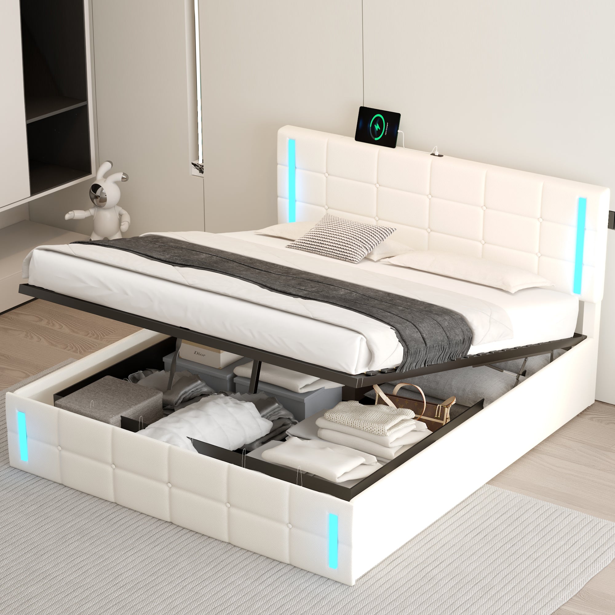 Queen Size Upholstered Bed with LED Lights Hydraulic Storage System and USB Charging Station White