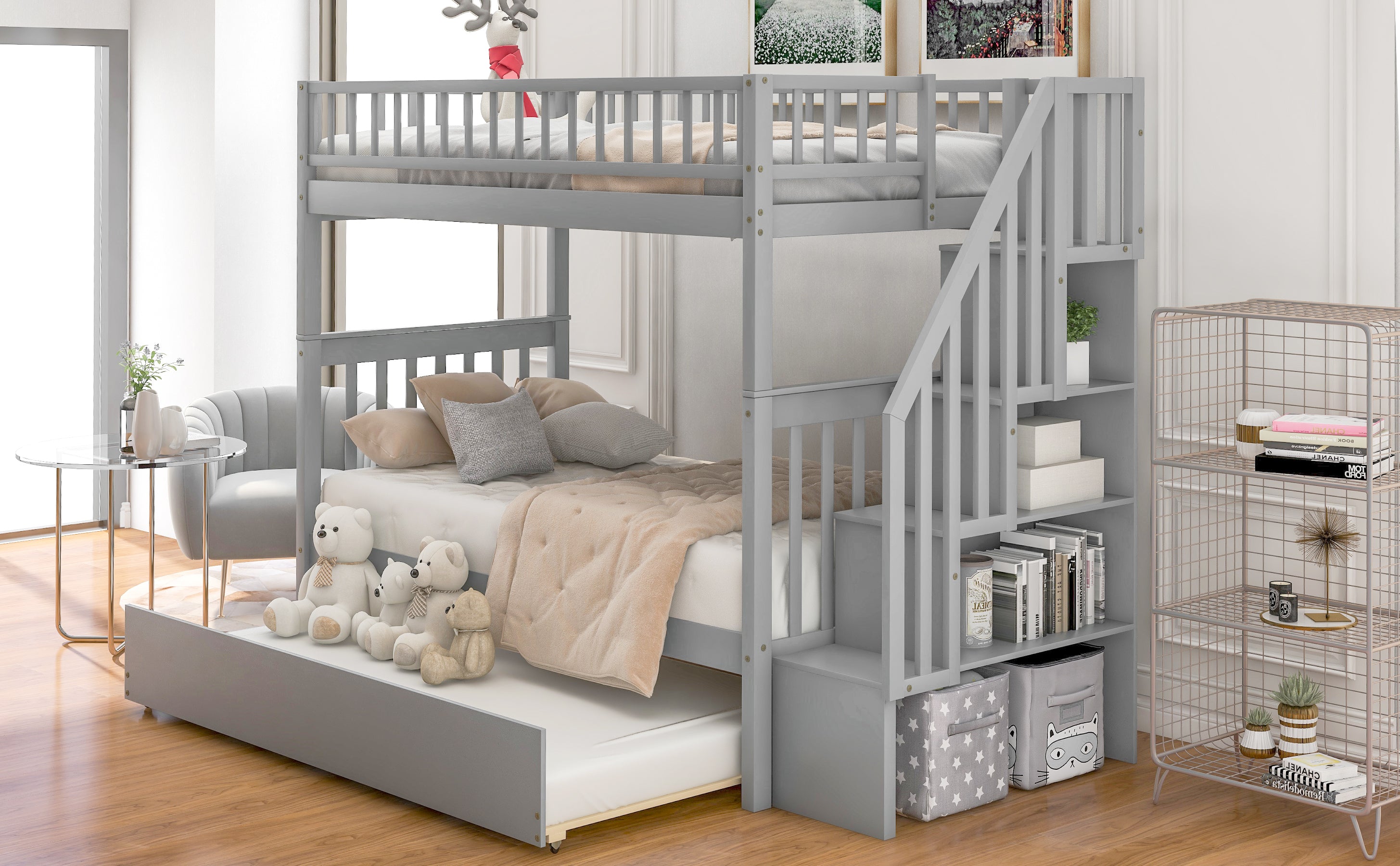 Twin over Twin Bunk Bed with Trundle and Storage  Gray