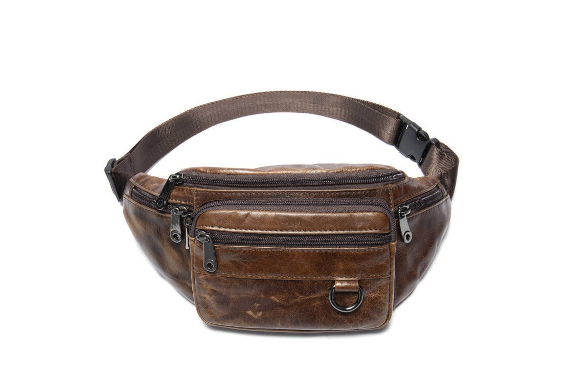 Men's sheepskin waist bag outdoor black mobile phone sheepskin bag leisure sports crossbody chest bag