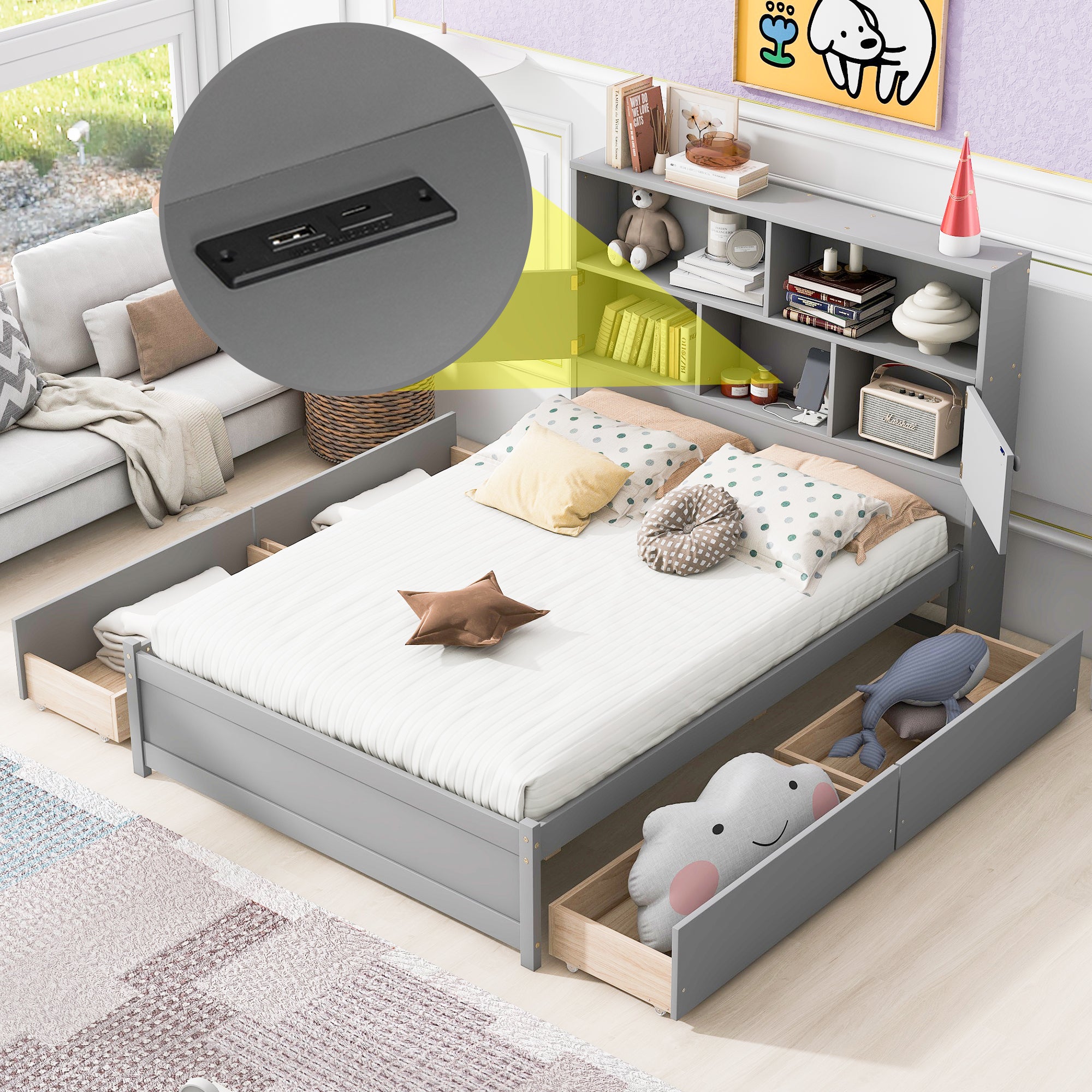 Full Size Platform Bed with Storage Headboard, Charging Station and 4 Drawers, Gray