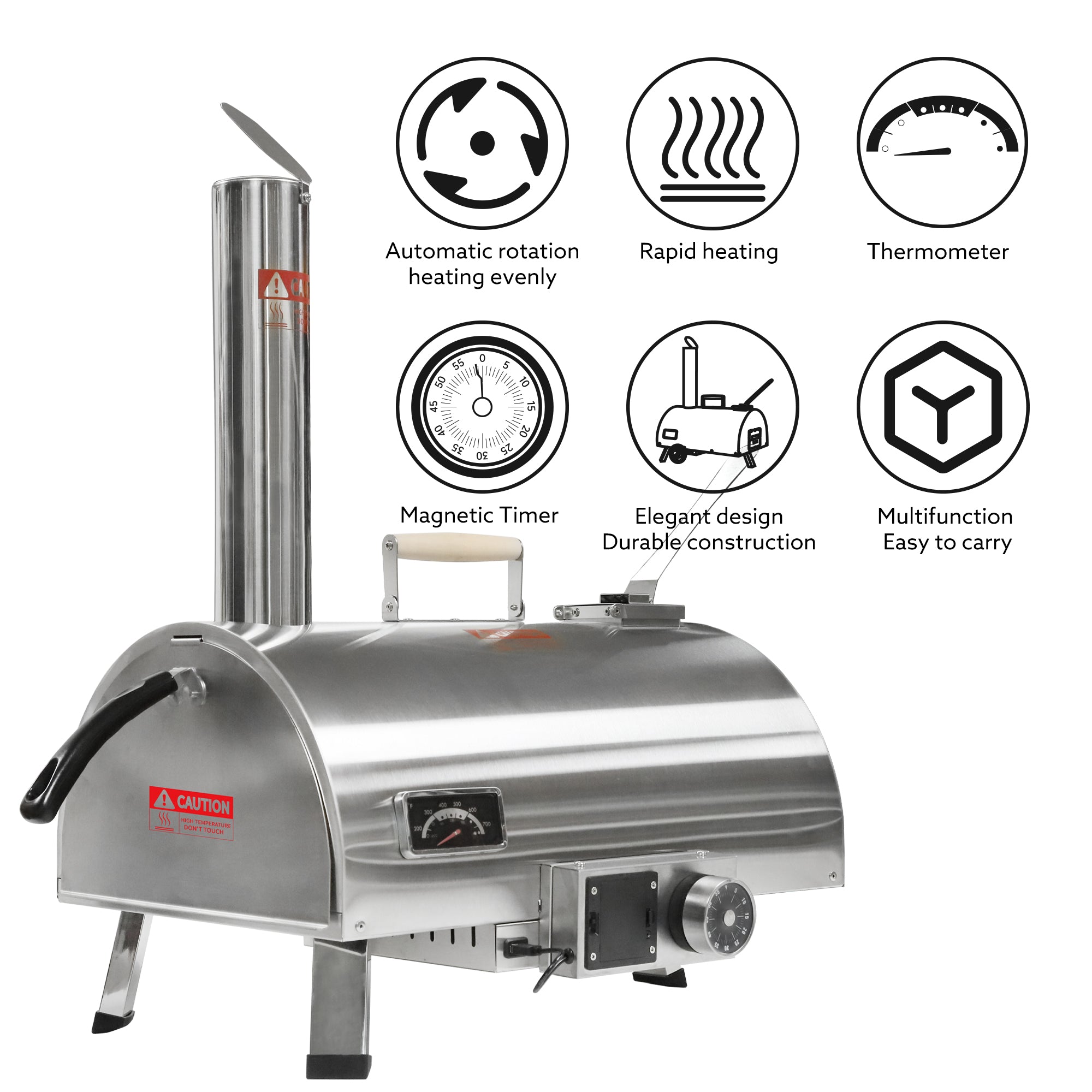 Pizza Oven Outdoor 12" Automatic Rotatable Pizza Ovens Portable Stainless Steel Wood Fired Pizza