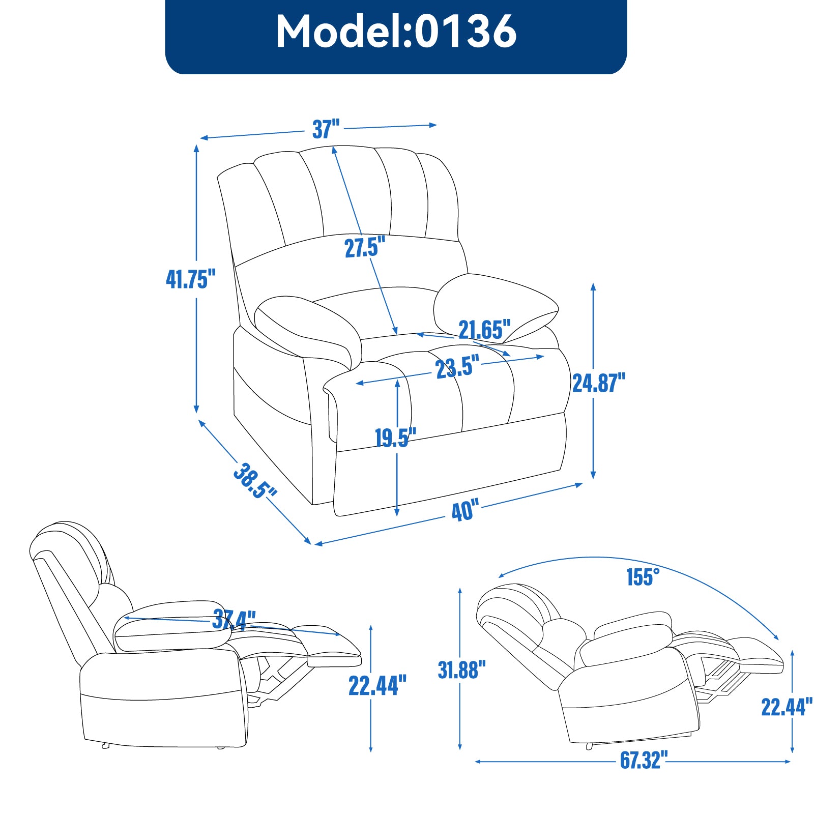 Large Manual Recliner Chair in Fabric for Living Room, Grey