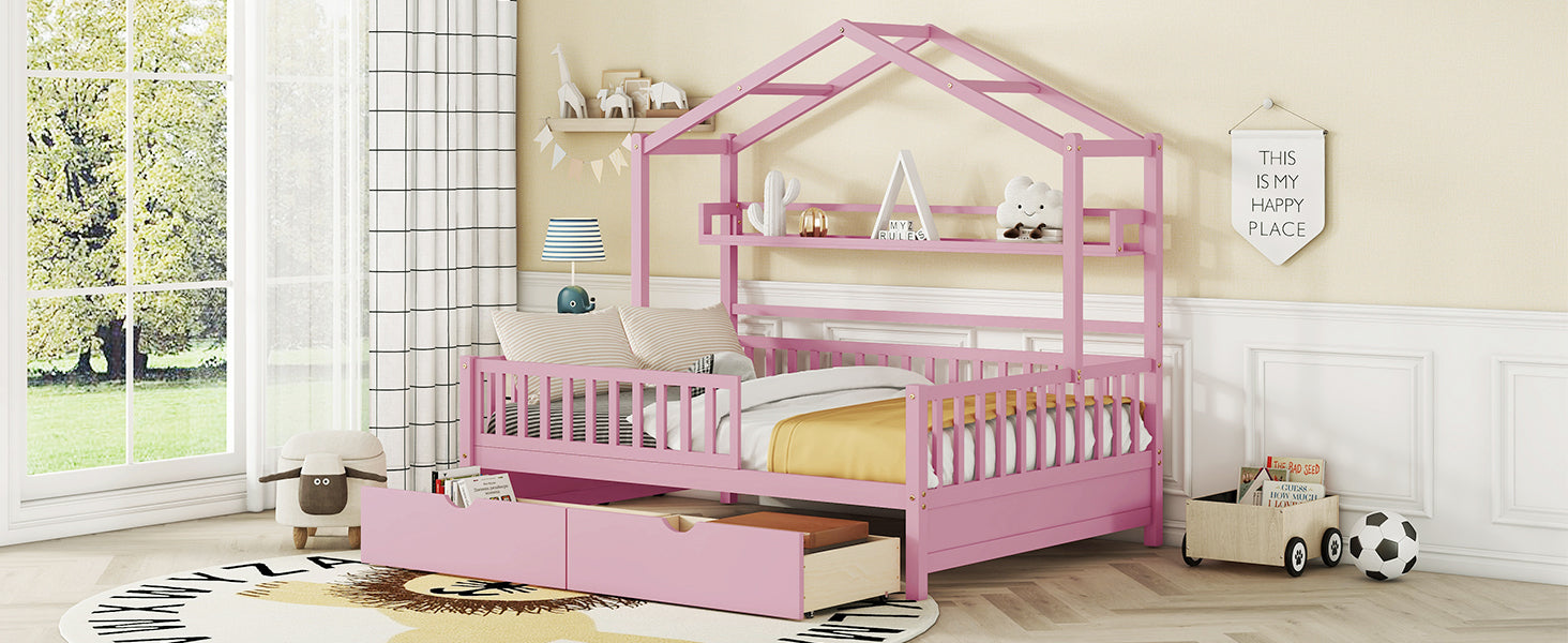 Wooden Full Size House Bed with 2 Drawers Kids Bed with Storage Shelf Pink