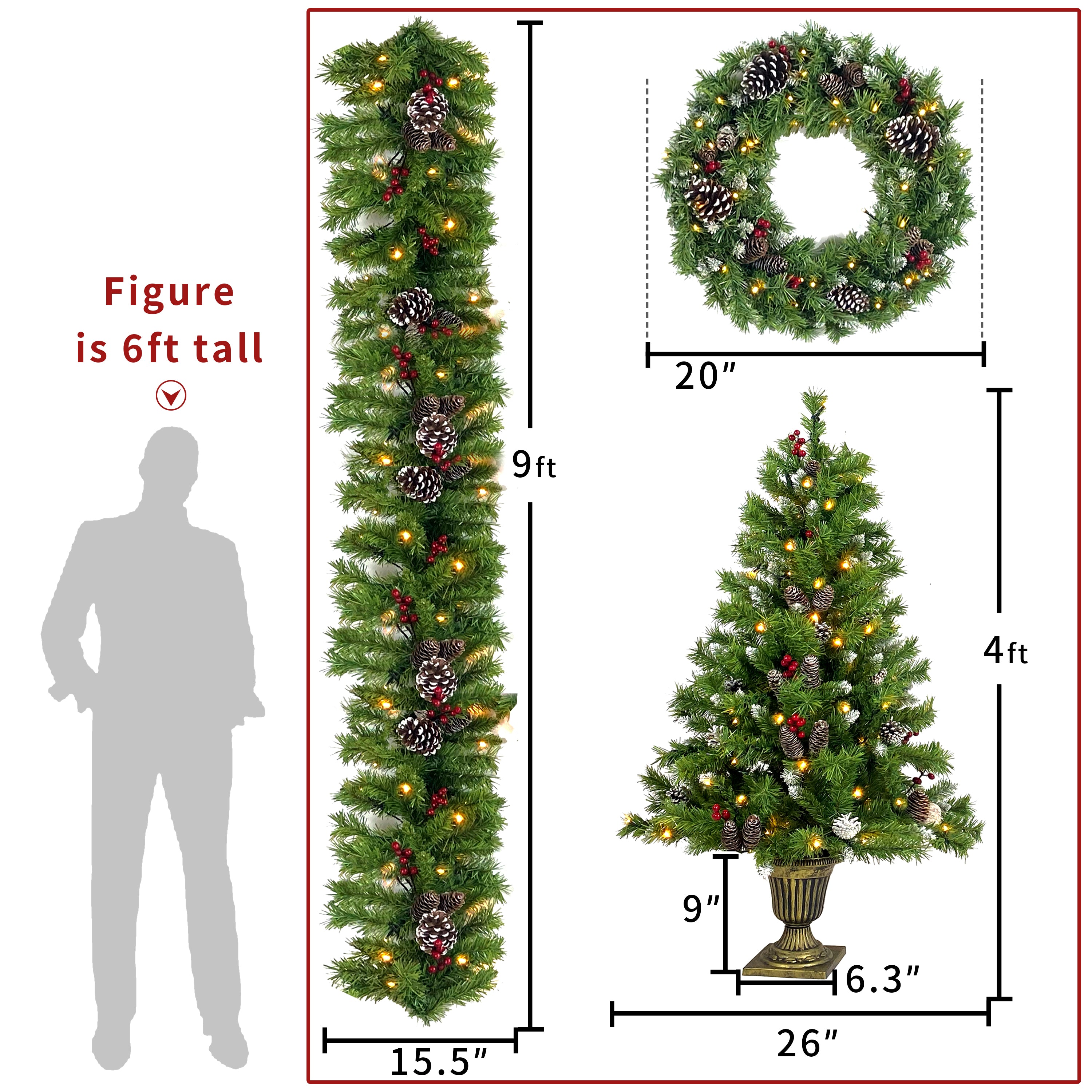 Christmas Tree Artificial Christmas 4-piece Set, including flower wreath, flower wreath, and 2 entrance trees, with LED lights