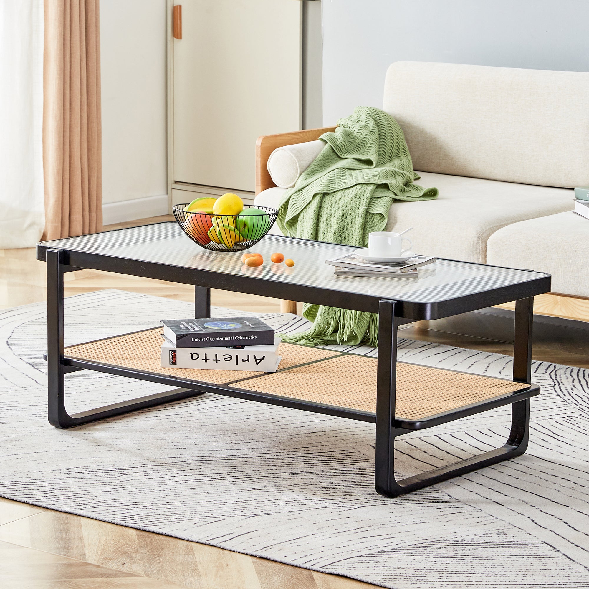 Modern minimalist rectangular double layer black solid wood imitation rattan coffee table