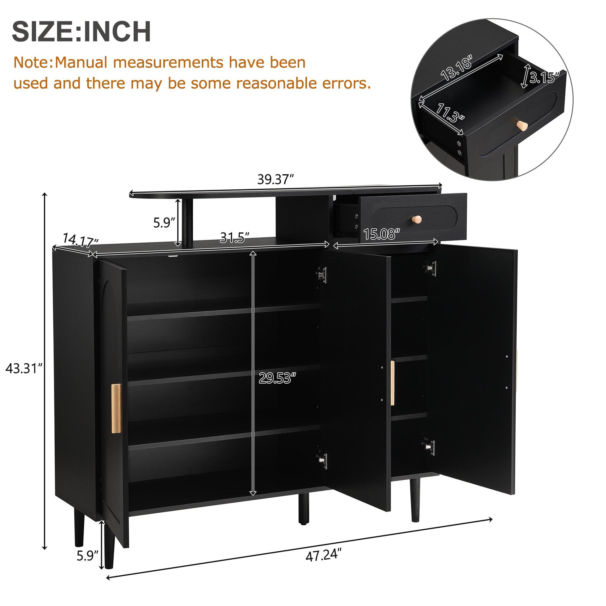 ON-TRANS Elegant Shoe Cabinet with Arched Doors and Drawers, Storage Side Panels, Adjustable Shelves and Solid Wood Legs, Black