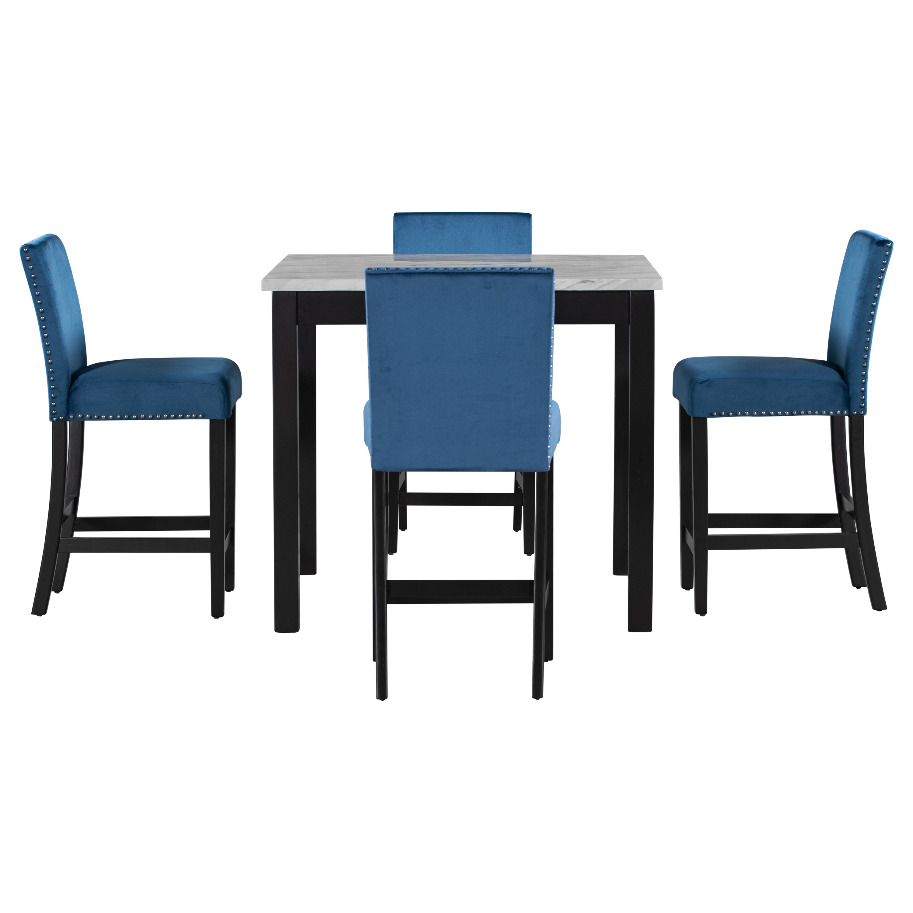 5-piece Counter Height Dining Table Set with One Faux Marble Dining Table and Four Upholstered-Seat Chairs Blue