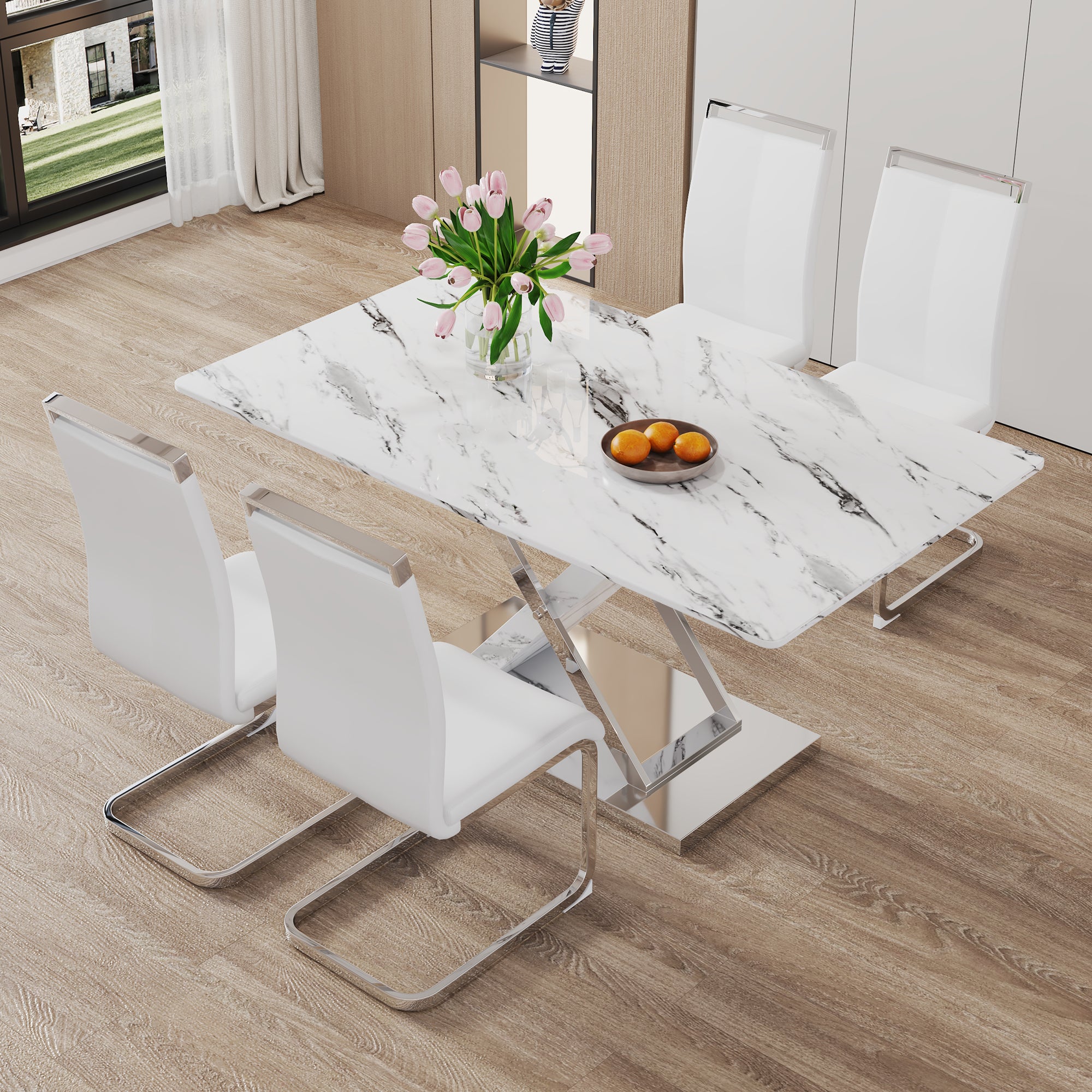 Modern white rectangular marble textured glass dining table and office desk Equipped with stainless steel base