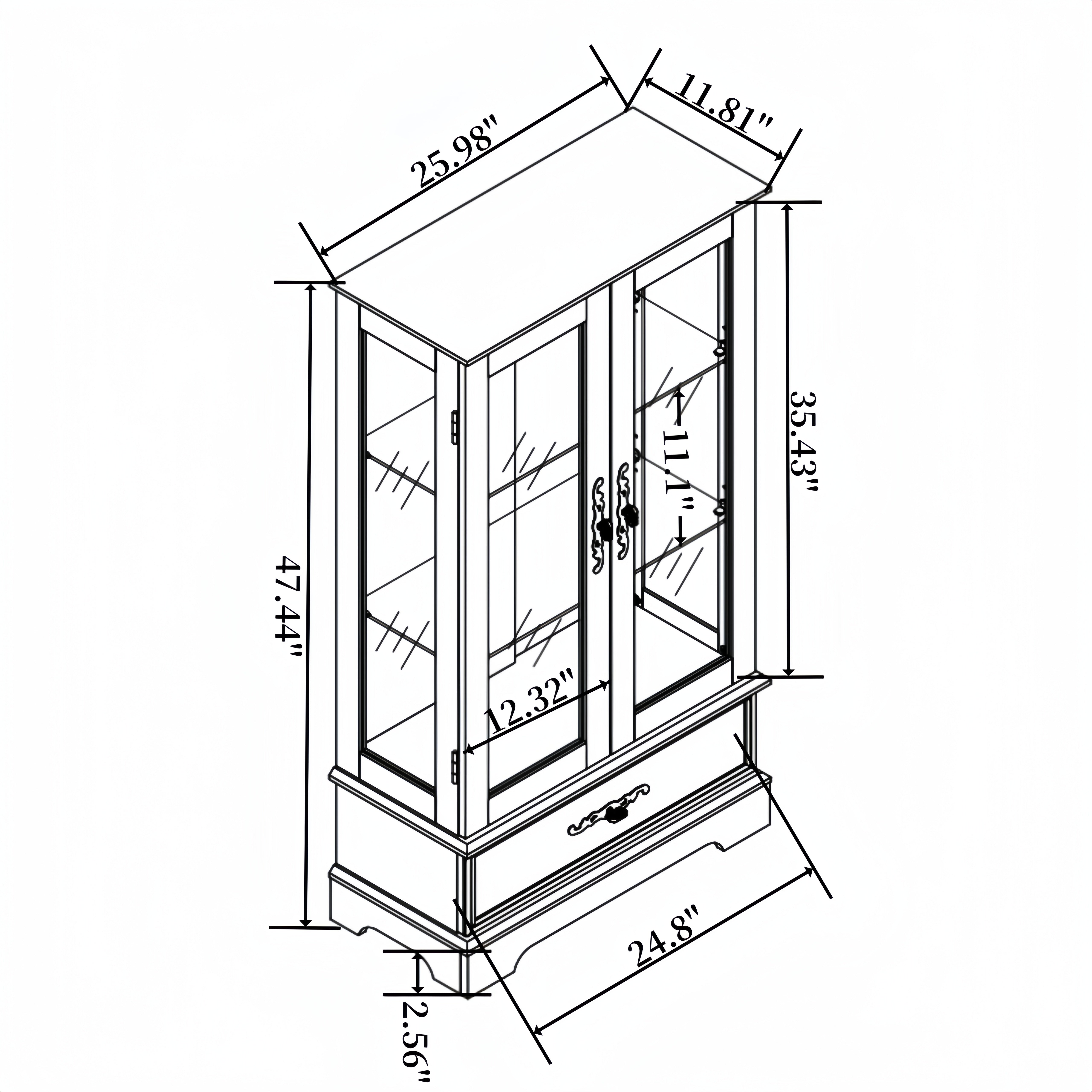 Light colored glass cabinet with adjustable glass frame Curio display cabinet, 2 doors and 1 drawer light bulb cherry color