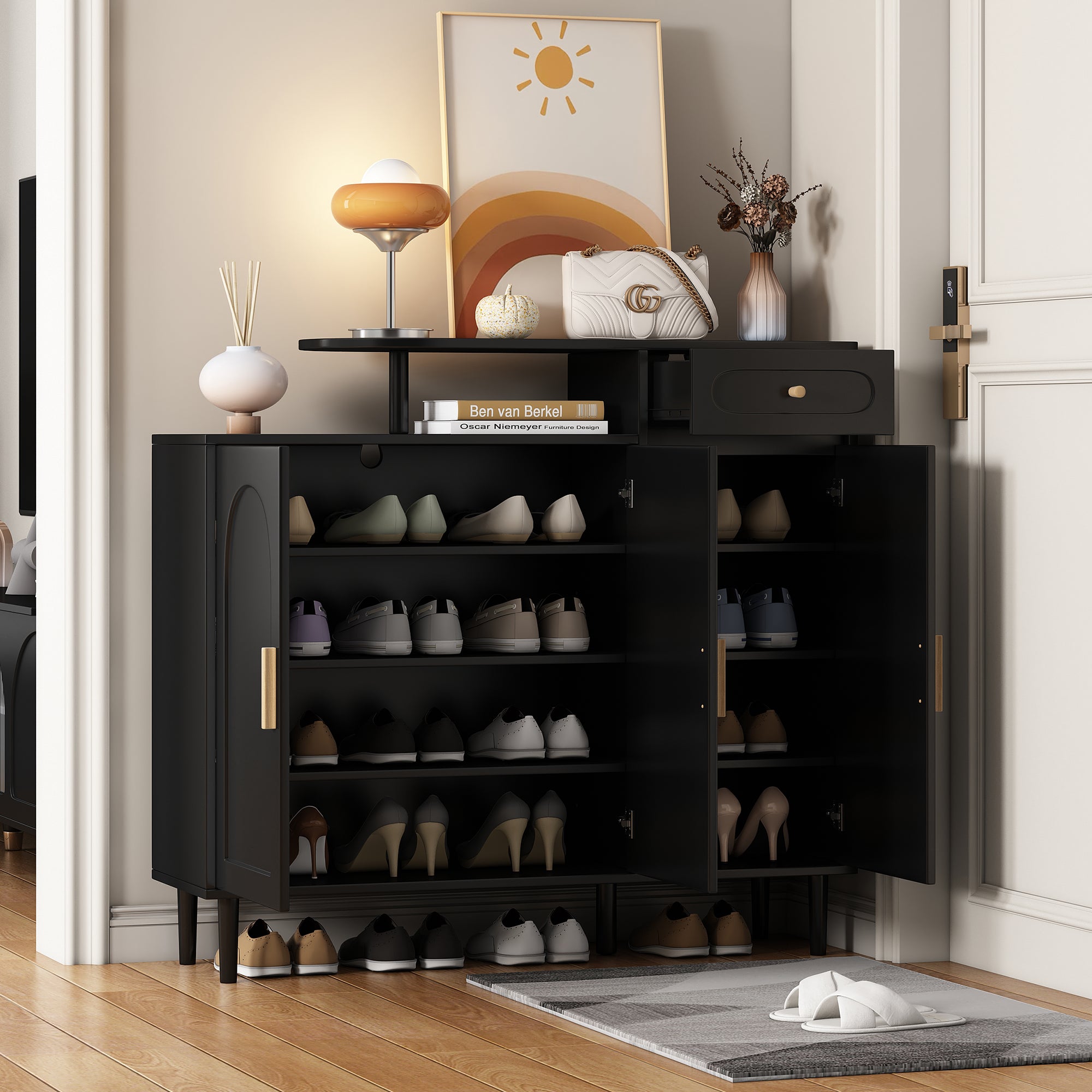 ON-TRANS Elegant Shoe Cabinet with Arched Doors and Drawers, Storage Side Panels, Adjustable Shelves and Solid Wood Legs, Black