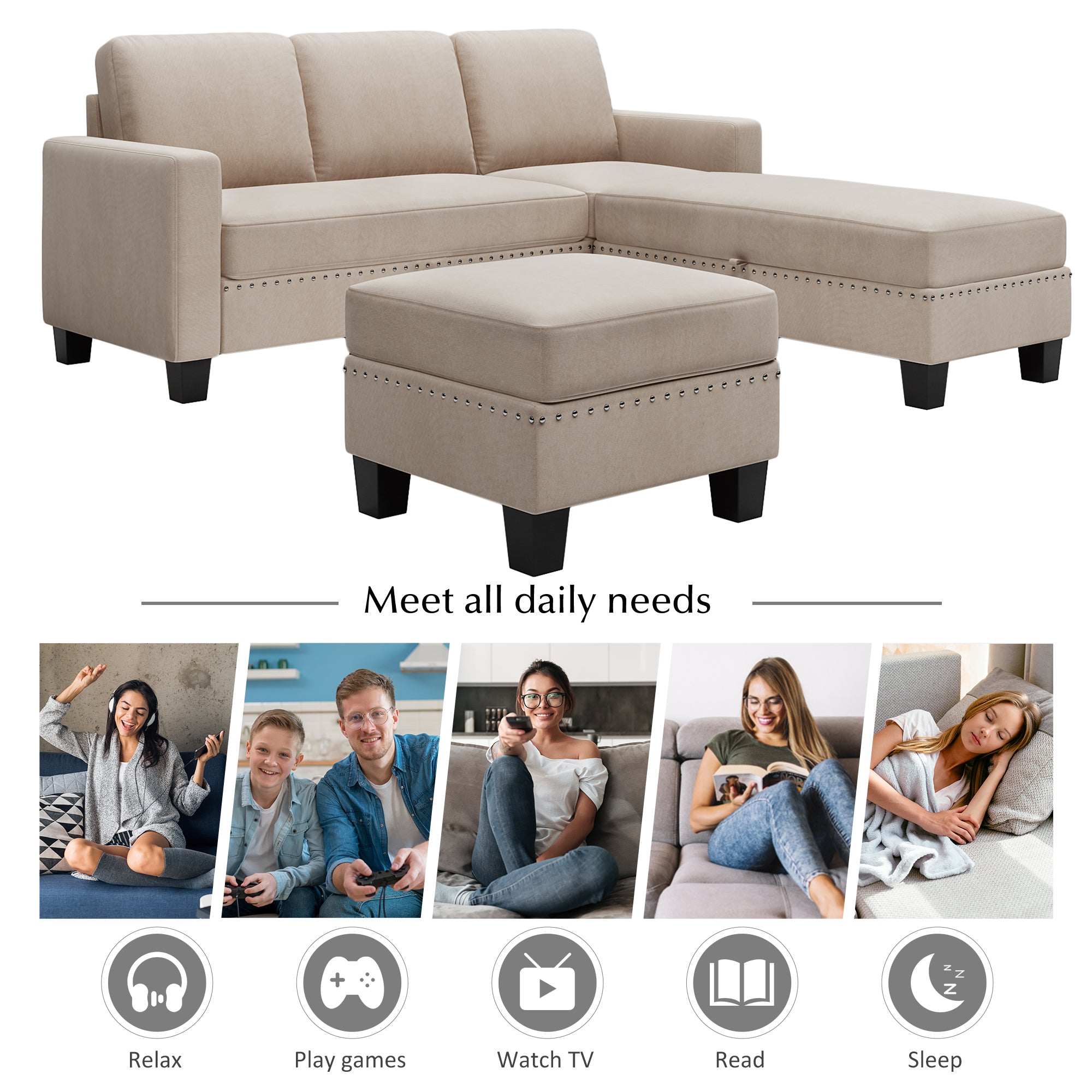 [New] [VIDEO provided] 81.1*76.3*35" Reversible Sectional Couch with Storage Ottoman L-Shaped Sofa Warm Grey