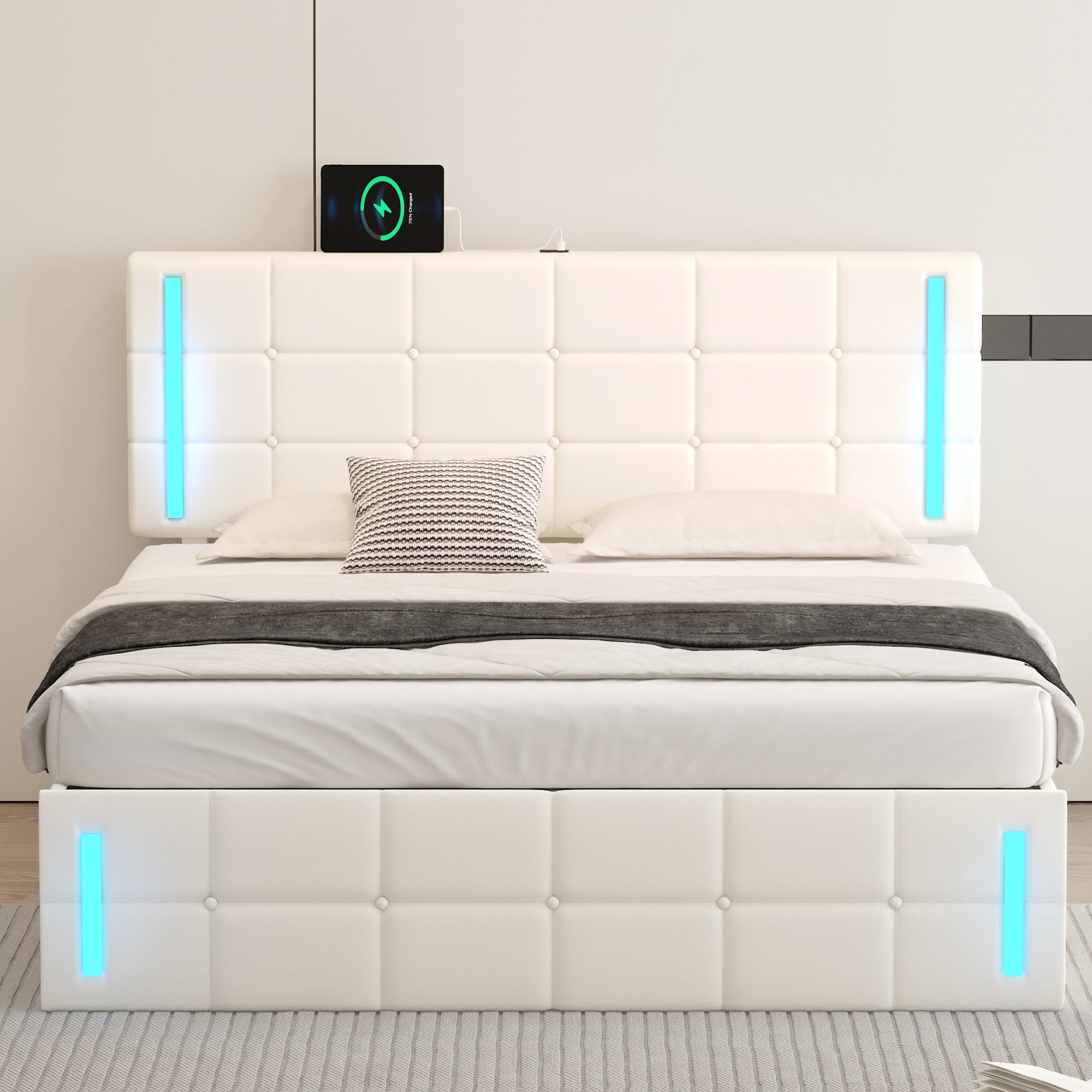 Queen Size Upholstered Bed with LED Lights Hydraulic Storage System and USB Charging Station White