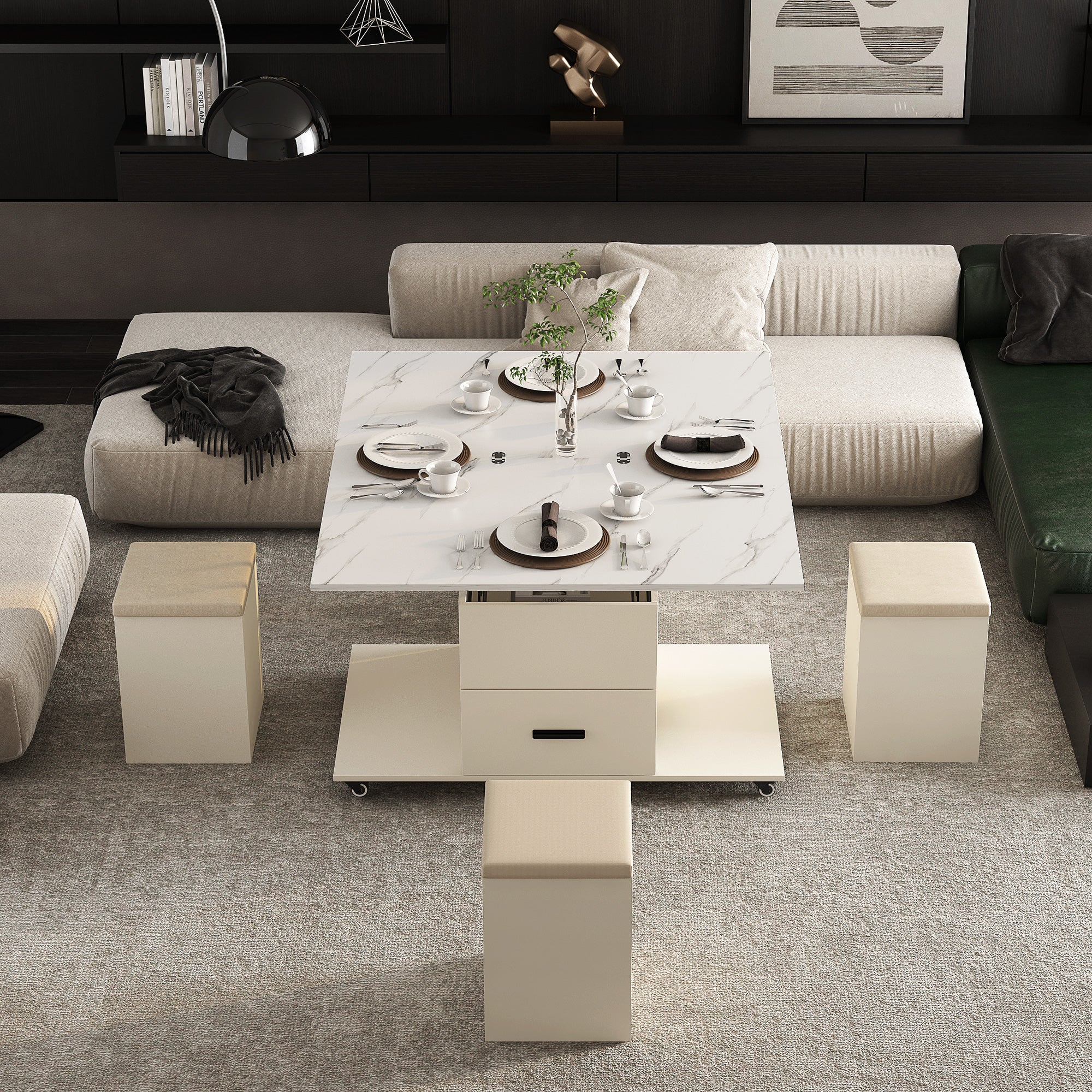 Modern lift coffee table, living room with 4 chairs, expandable 1 hidden storage space+2 drawers, folding dining table