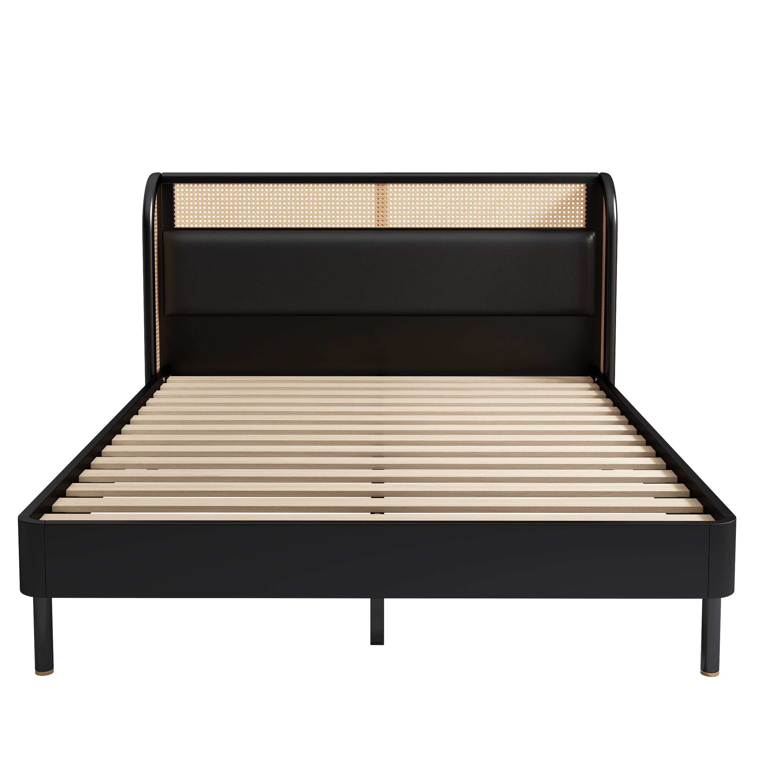 Modern Cannage Rattan Wood Platform Queen Bed Black