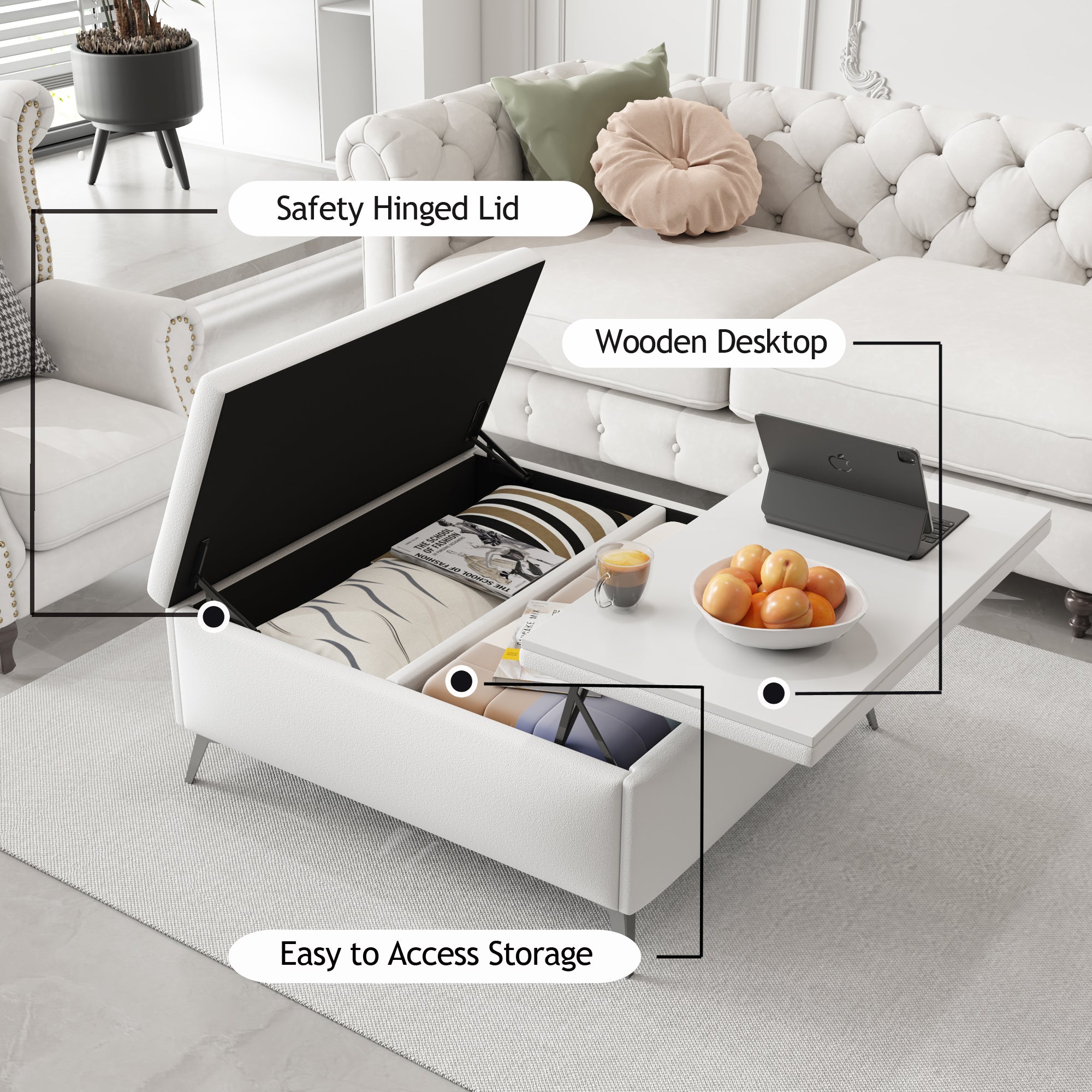 35 inch Wide Square storage benches Coffee Table with Lift Top Oversized Storage Ottoman in Upholstered for Living Room