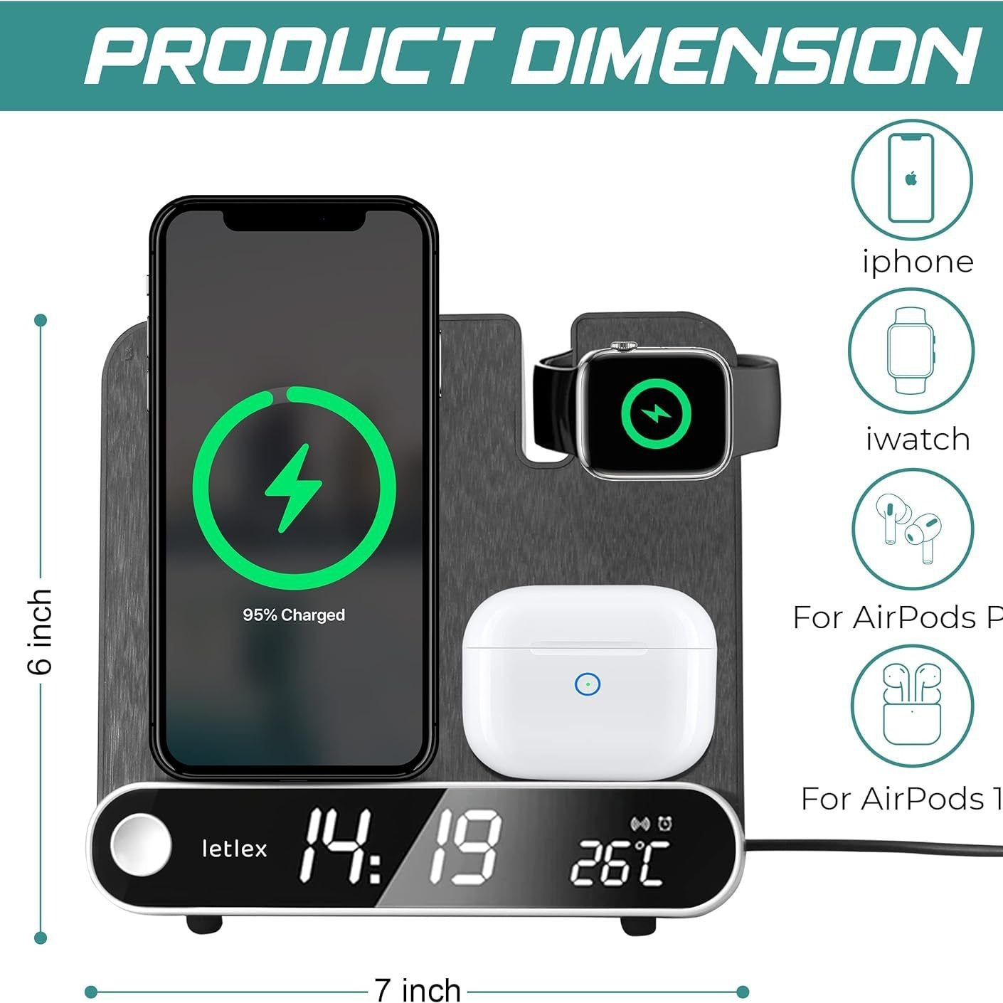 Multi functional clock wireless charging watch earphone wireless charging thermometer wireless charging 15W wireless charging