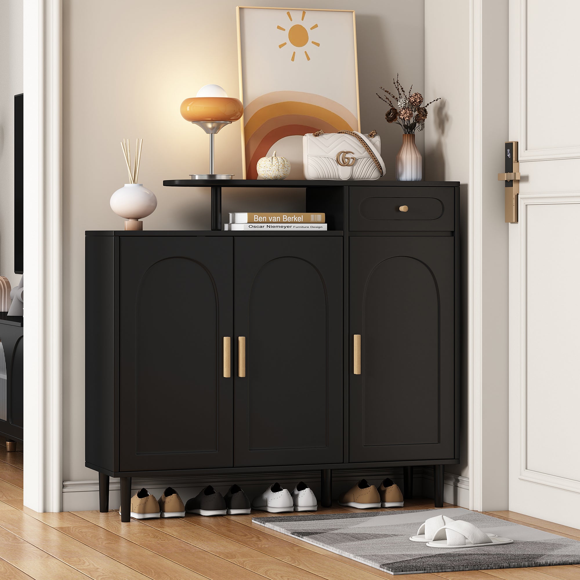 ON-TRANS Elegant Shoe Cabinet with Arched Doors and Drawers, Storage Side Panels, Adjustable Shelves and Solid Wood Legs, Black