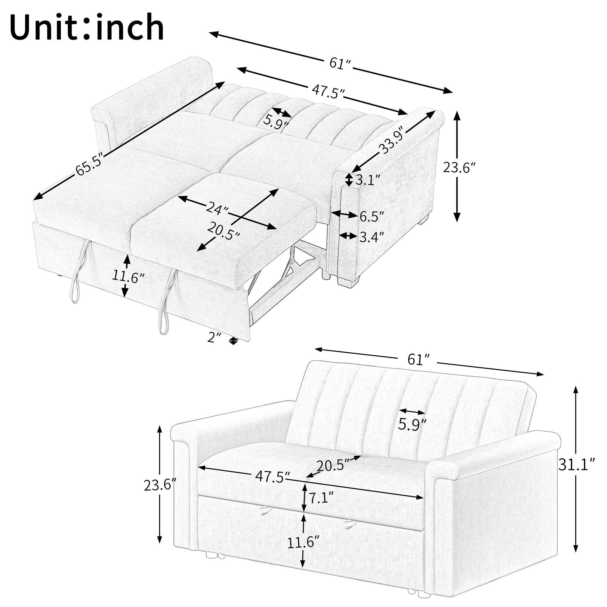 U_STYLE Convertible Soft Cushion Sofa Pull Bed ,for Two People to Sit On