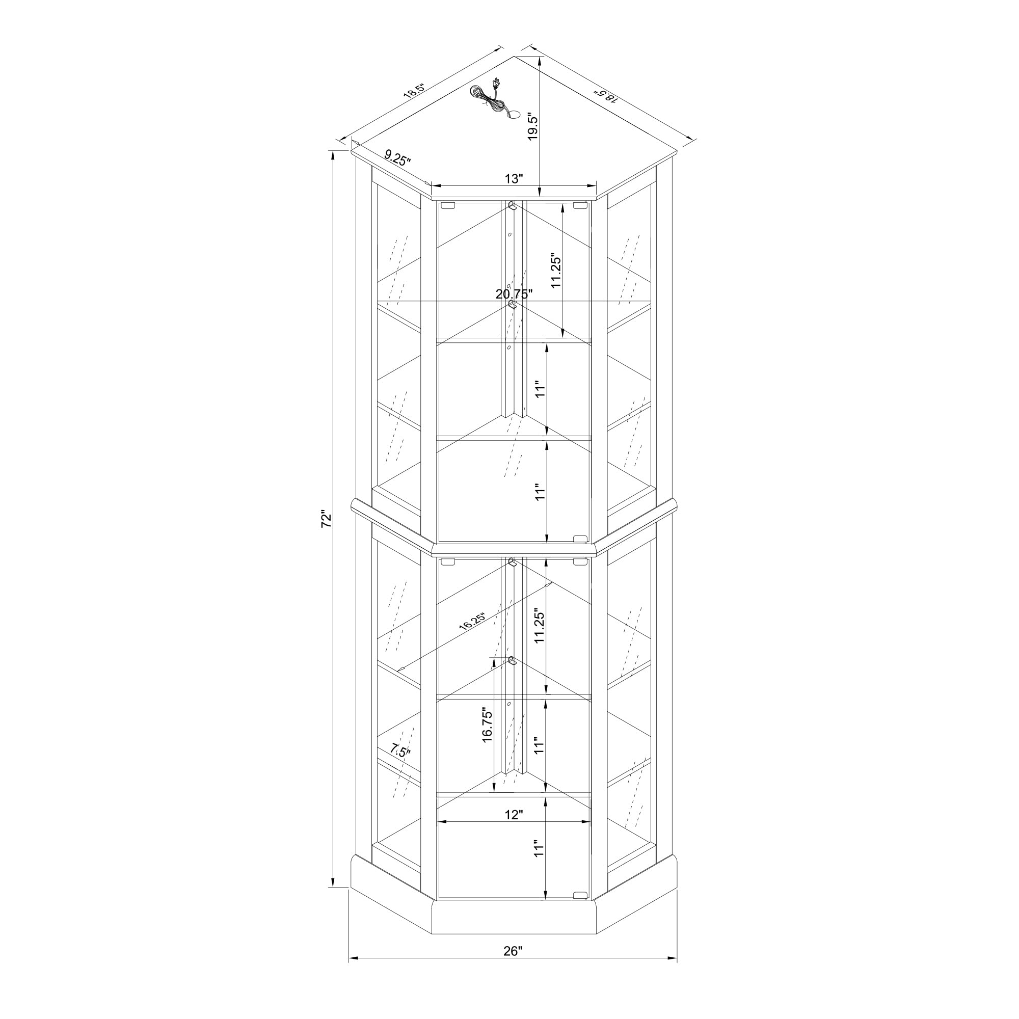 6 shelves corner Curio display cabinet with light mirror and adjustable shelves, walnut wood (excluding E26 light bulbs)