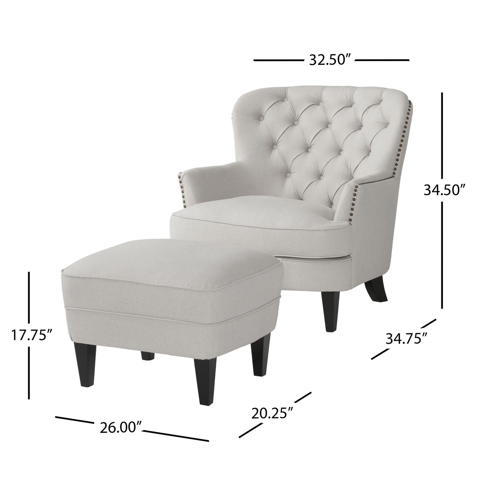 Modern light grey fabric club chair and Ottoman set, stylish cushioned armchair, paired with Ottoman style