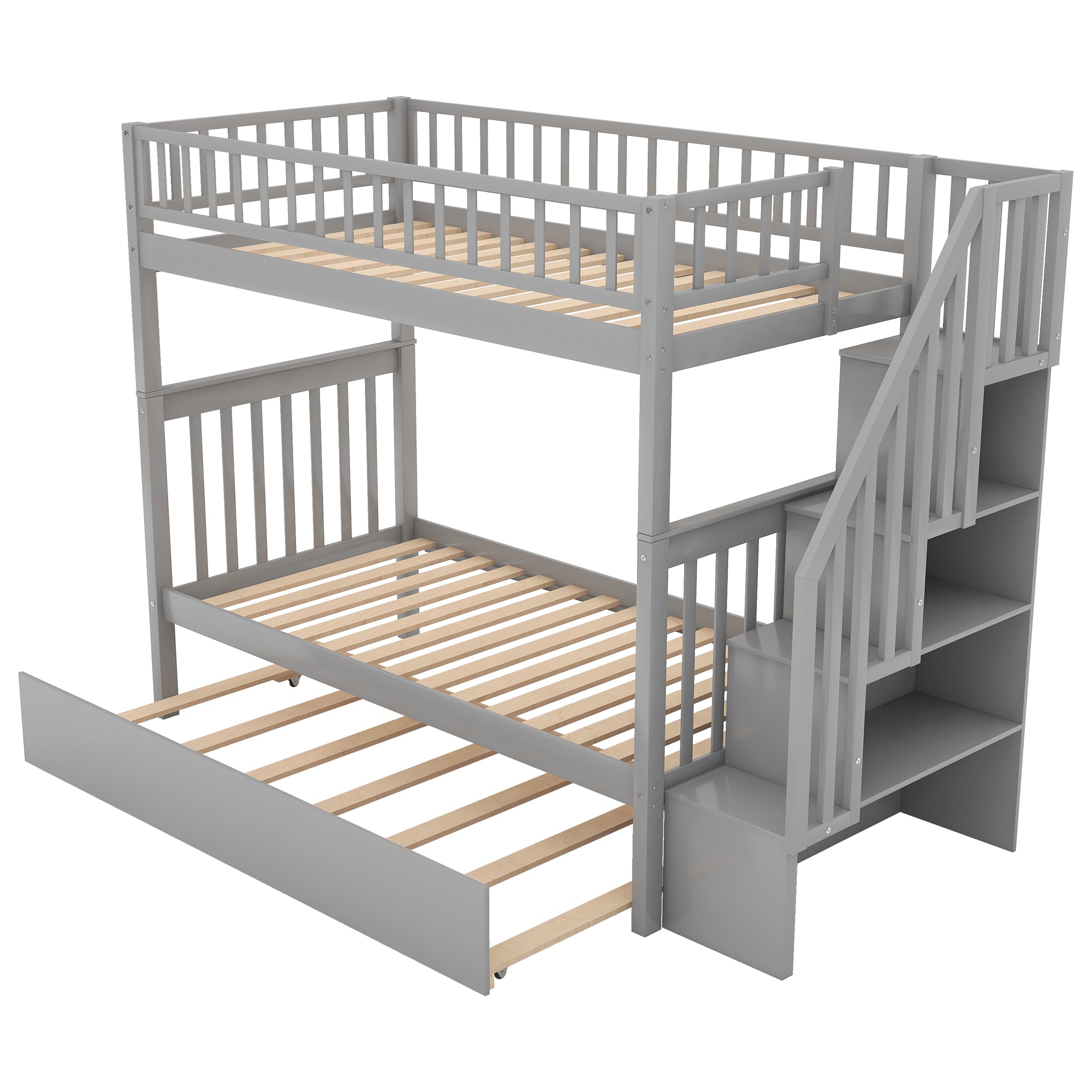 Twin over Twin Bunk Bed with Trundle and Storage  Gray